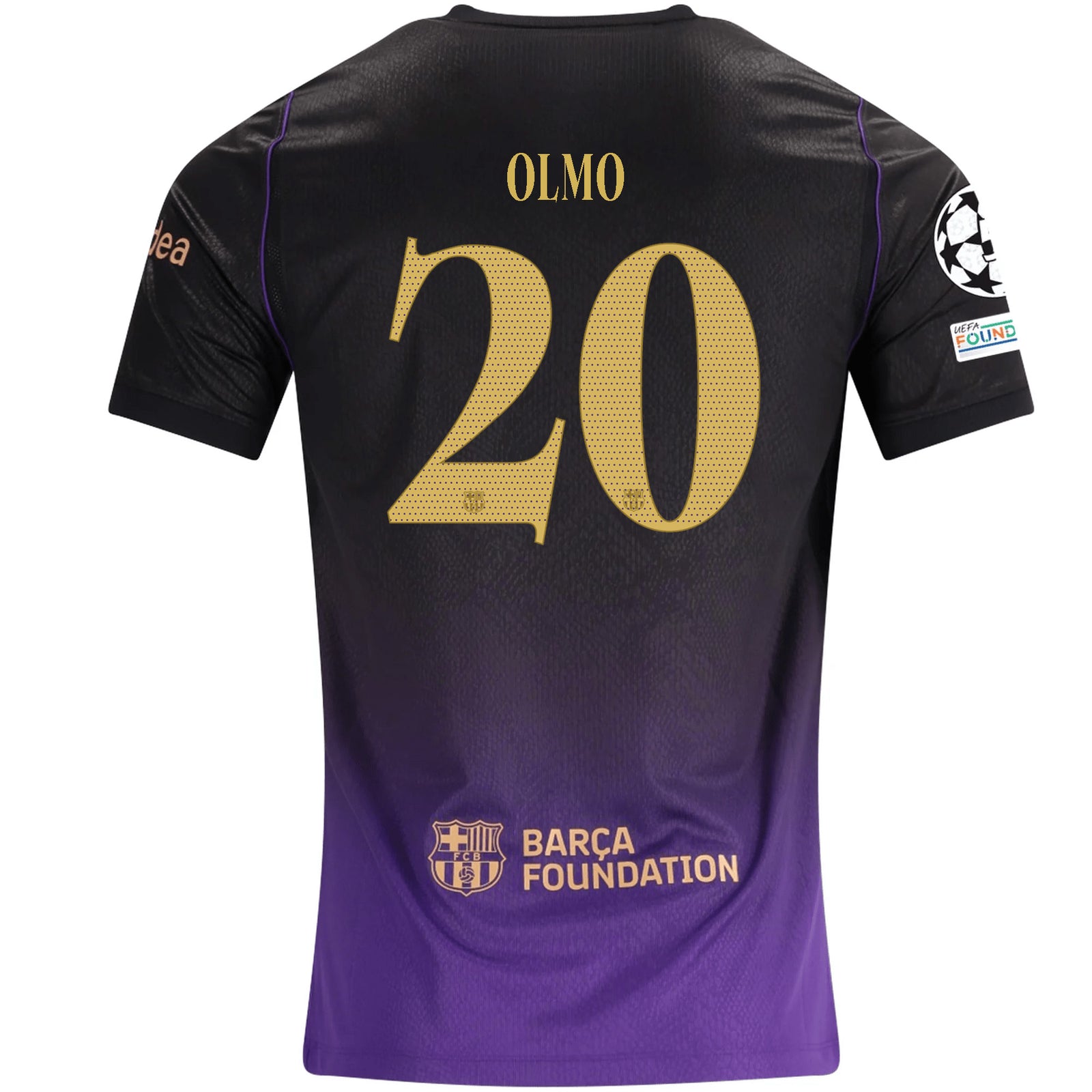 Nike Mens Barcelona Dani Olmo Away Jersey w/ Champions League Patches 26/27 (Purple/Metallic Gold)
