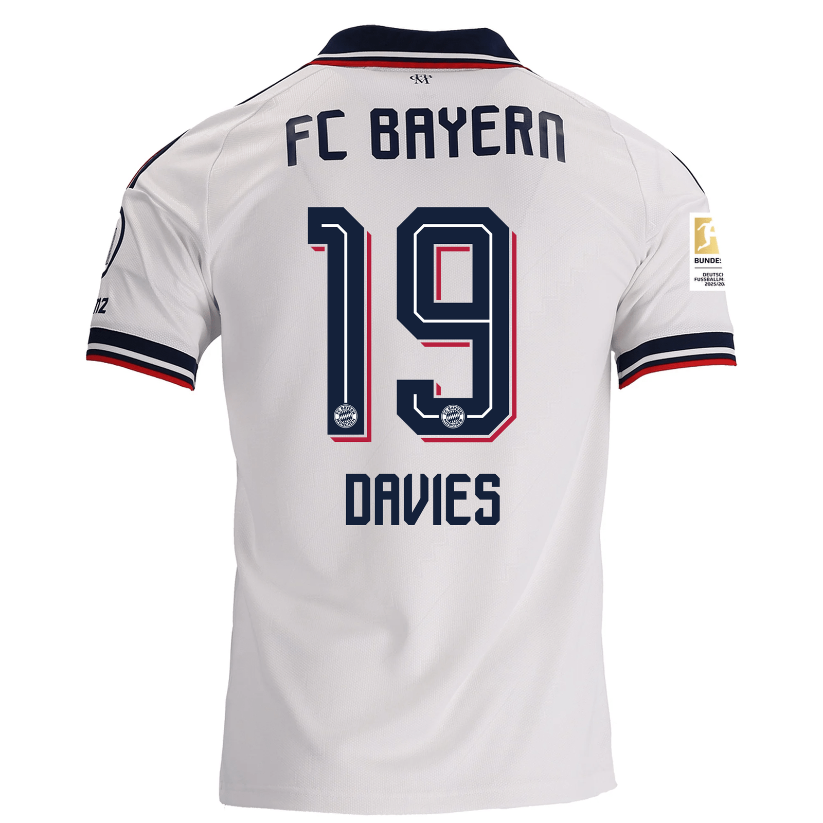 adidas Mens Bayern Munich Alphonso Davies Away Jersey w/ Bundesliga Champion Patch 26/27 (White)