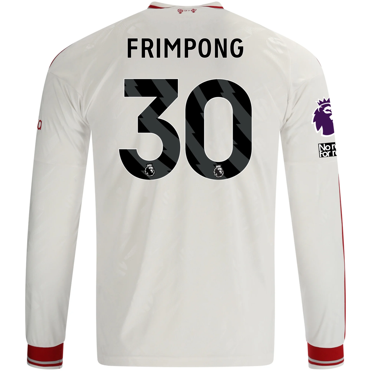 adidas Mens Liverpool Jeremie Frimpong Long Sleeve Away Jersey w/ EPL + No Room For Racism Patches 26/27 (White/Red)