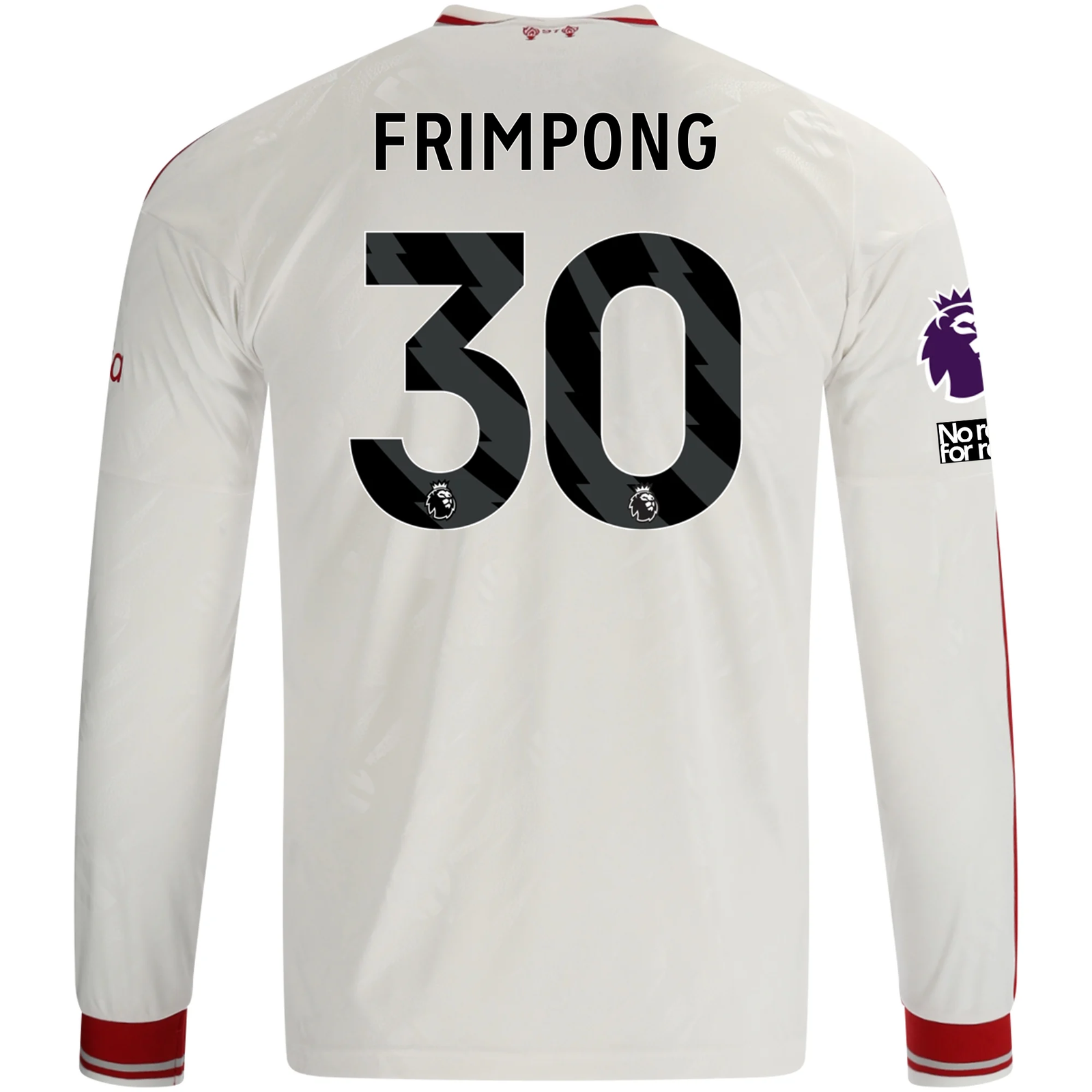 adidas Mens Liverpool Jeremie Frimpong Long Sleeve Away Jersey w/ EPL + No Room For Racism Patches 26/27 (White/Red)