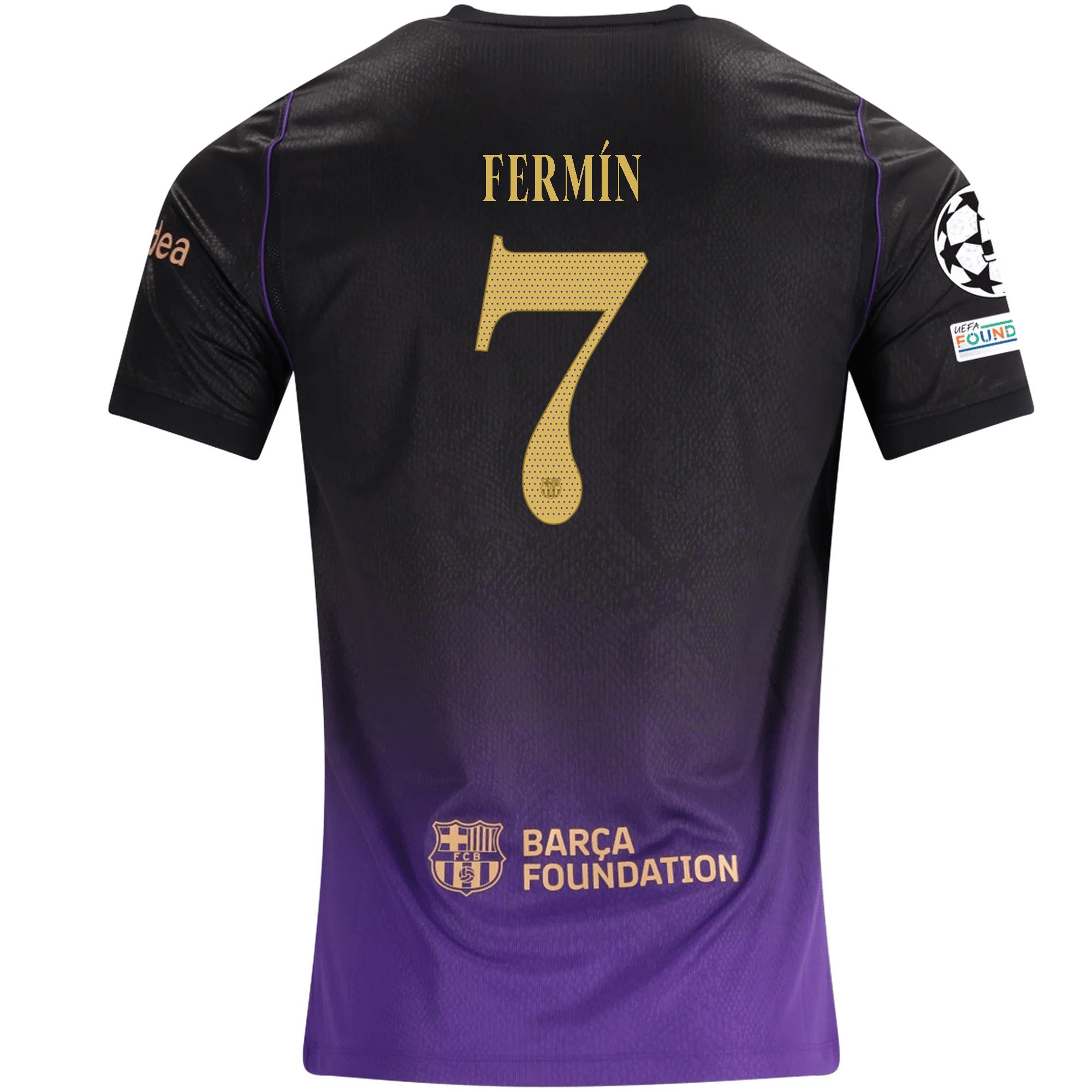 Nike Mens Barcelona Fermín López Away Jersey w/ Champions League Patches 26/27 (Purple/Metallic Gold)