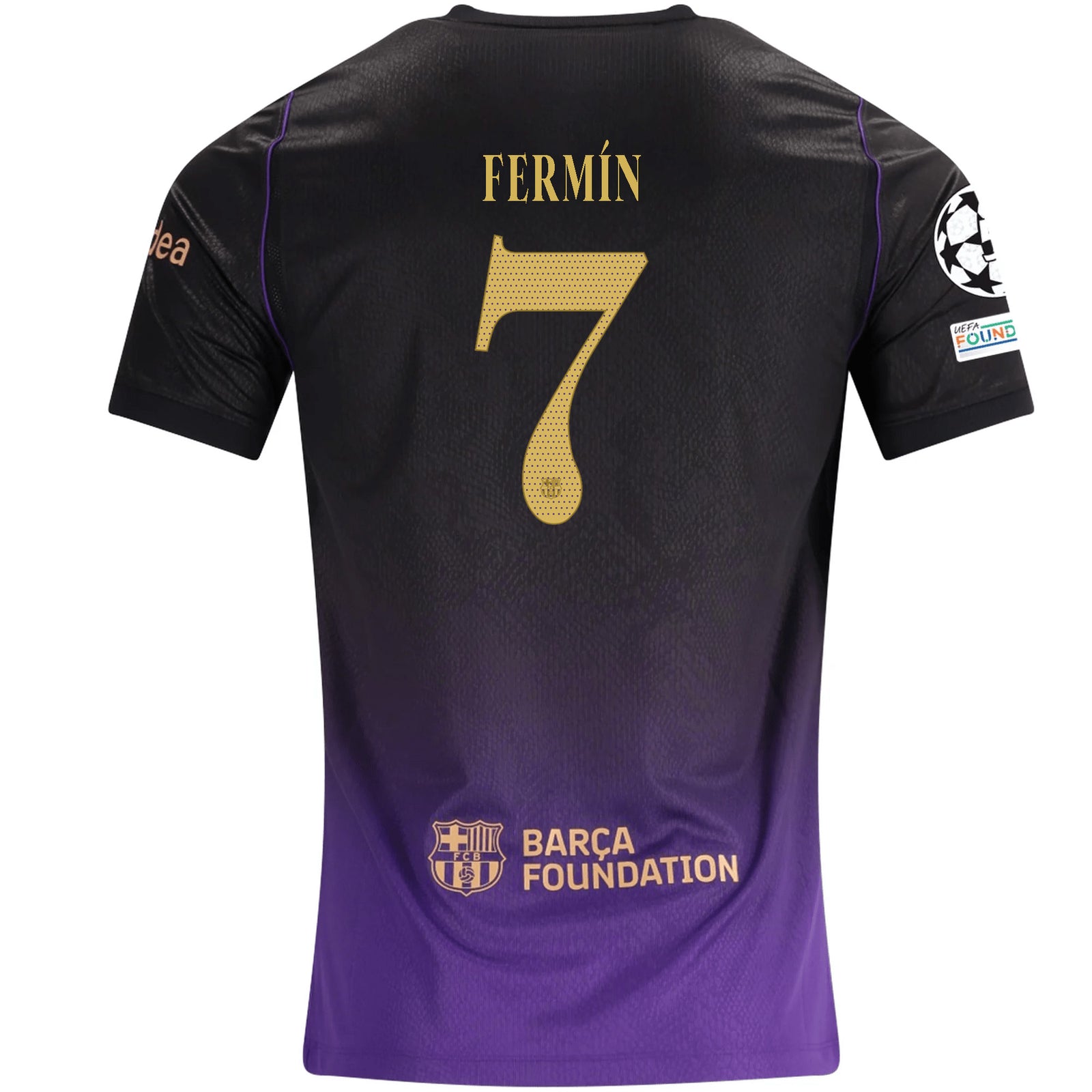 Nike Mens Barcelona Fermín López Away Jersey w/ Champions League Patches 26/27 (Purple/Metallic Gold)