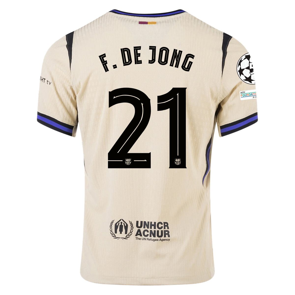 Nike Frenkie De Jong Men's FC Barcelona Authentic Away Jersey w/ Champions League Patches (Team Gold/Persian Violet/Black)