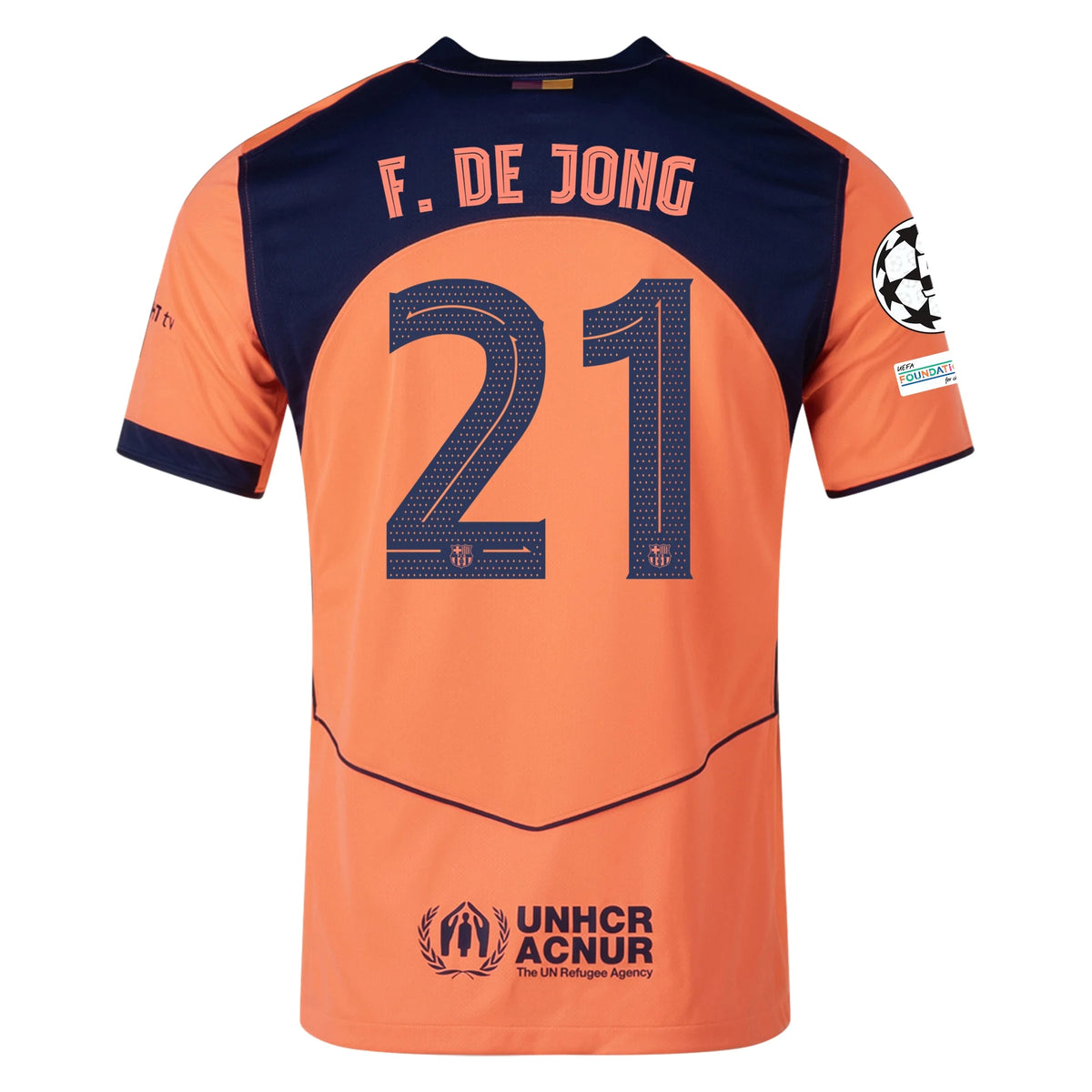 Nike Frenkie De Jong Men's FC Barcelona T90 Third Jersey 25/26 w/ Champions League Patches (Mango/Navy)