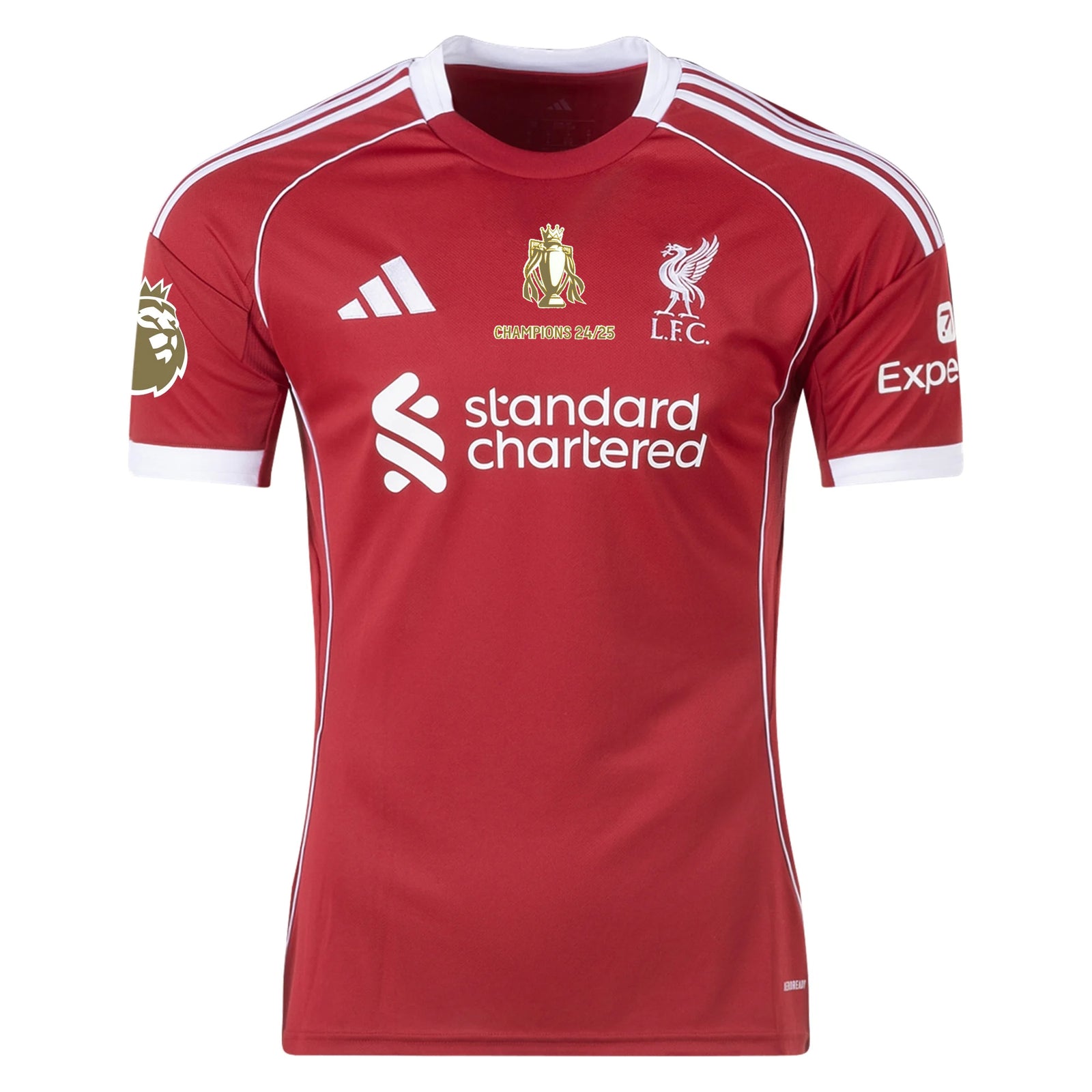 adidas Men's Liverpool Home Jersey 25/26 w/ Gold Trophy Print + NRFR + EPL Patches (Strawberry Red)