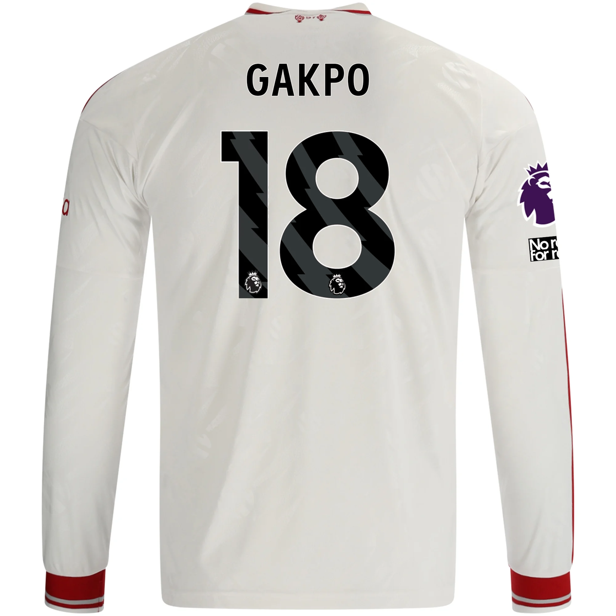 adidas Mens Liverpool Cody Gakpo Long Sleeve Away Jersey w/ EPL + No Room For Racism Patches 26/27 (White/Red)