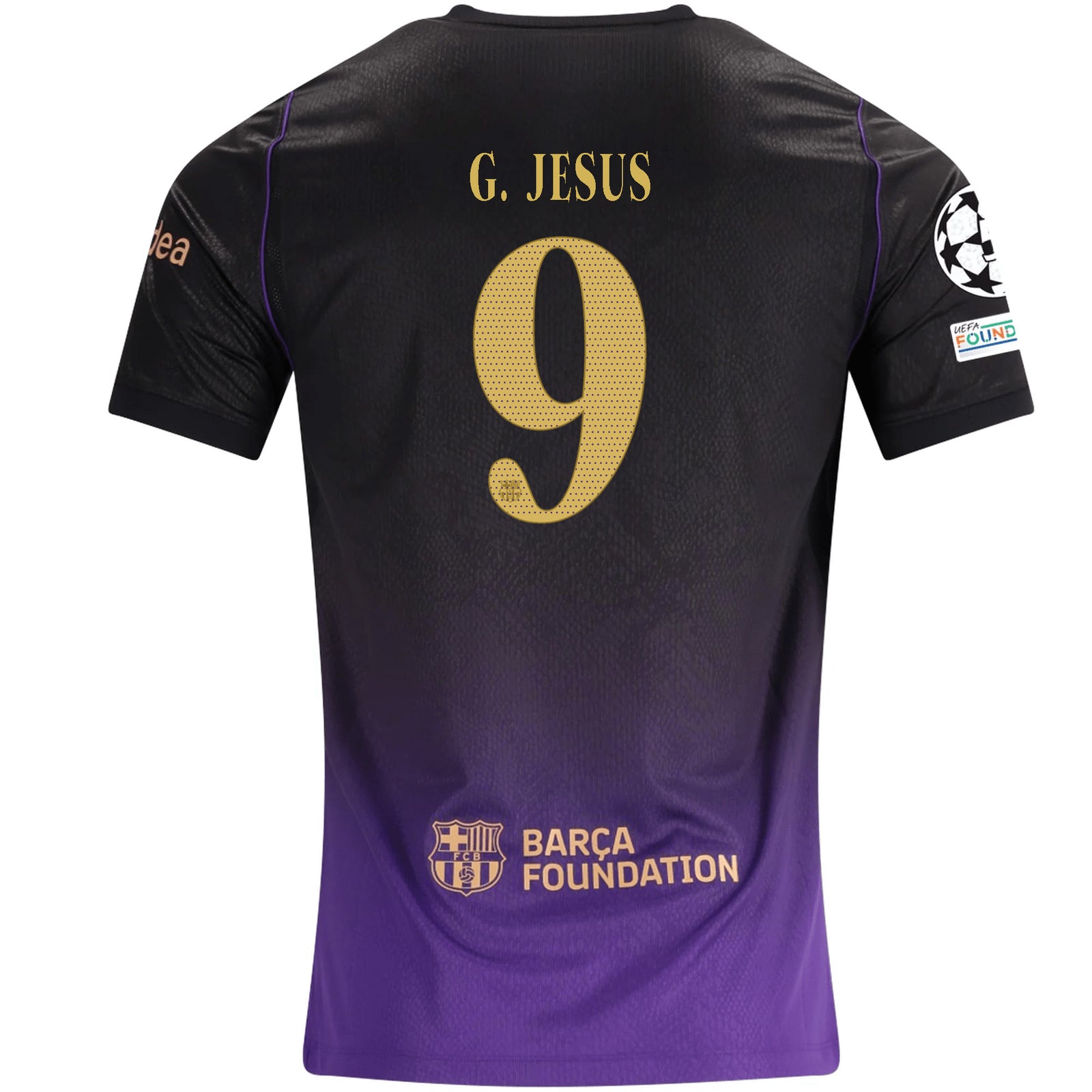 Nike Mens Barcelona Gabriel Jesus Away Jersey w/ Champions League Patches 26/27 (Purple/Metallic Gold)