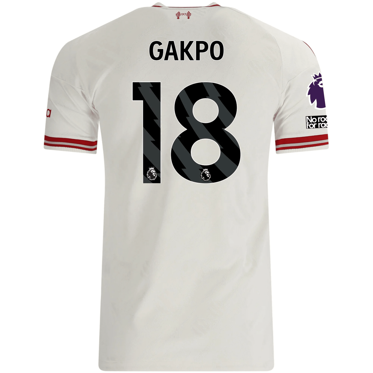 adidas Mens Liverpool Cody Gakpo Authentic Away Jersey w/ EPL + No Room For Racsim Patches 26/27 (White)
