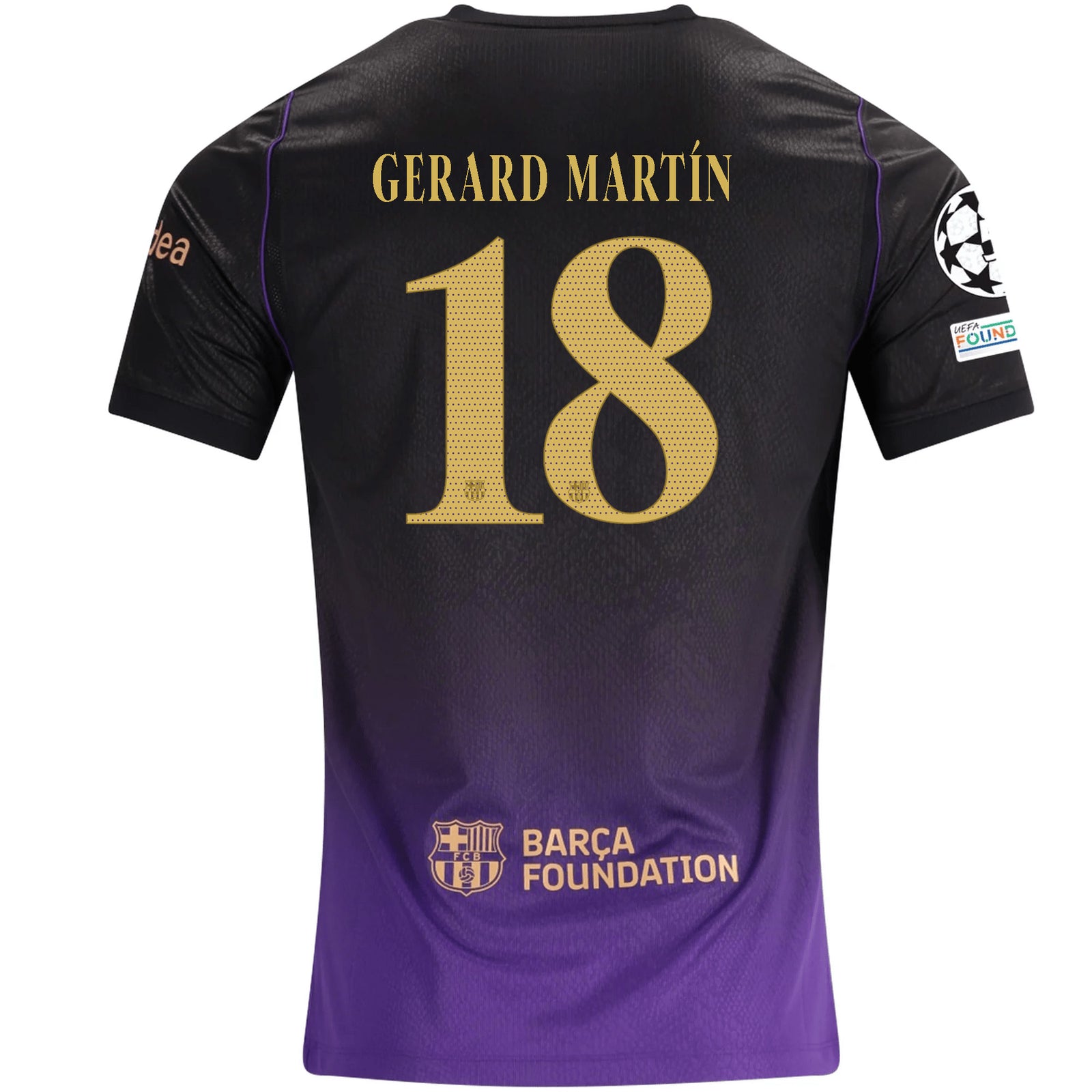 Nike Mens Barcelona Gerard Martín Away Jersey w/ Champions League Patches 26/27 (Purple/Metallic Gold)