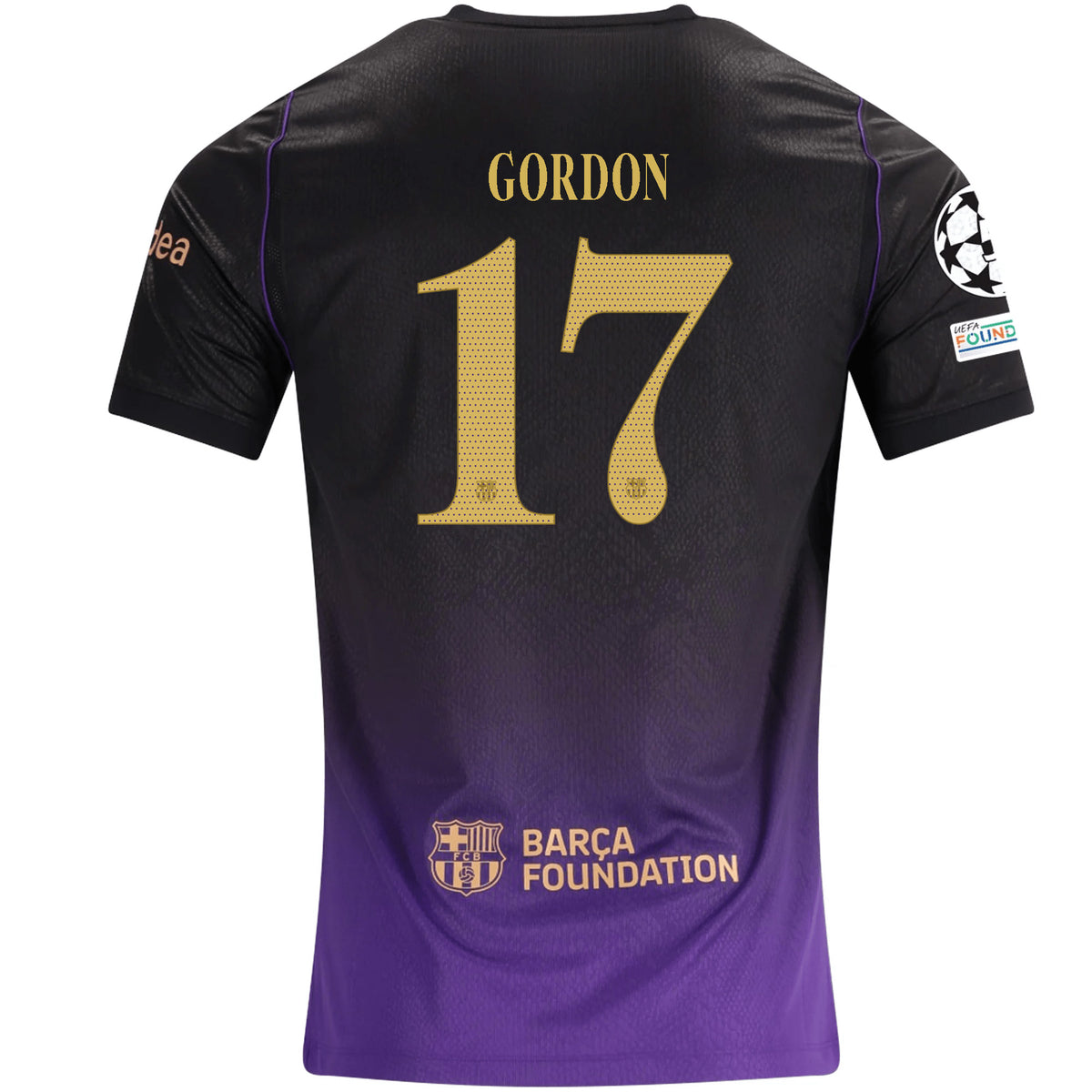 Nike Mens Barcelona Anthony Gordon Away Jersey w/ Champions League Patches 26/27 (Purple/Metallic Gold)