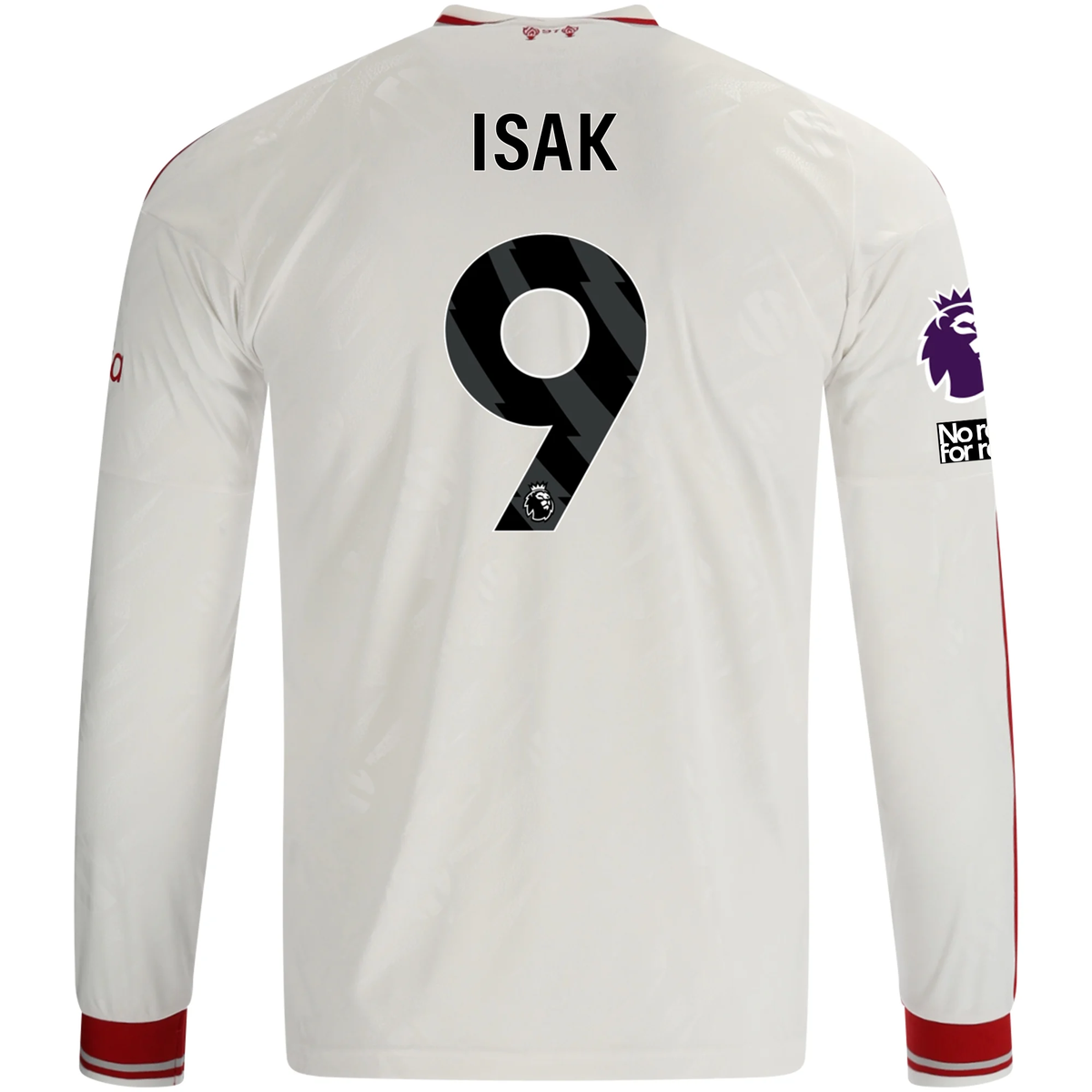 adidas Mens Liverpool Alexander Isak Long Sleeve Away Jersey w/ EPL + No Room For Racism Patches 26/27 (White/Red)