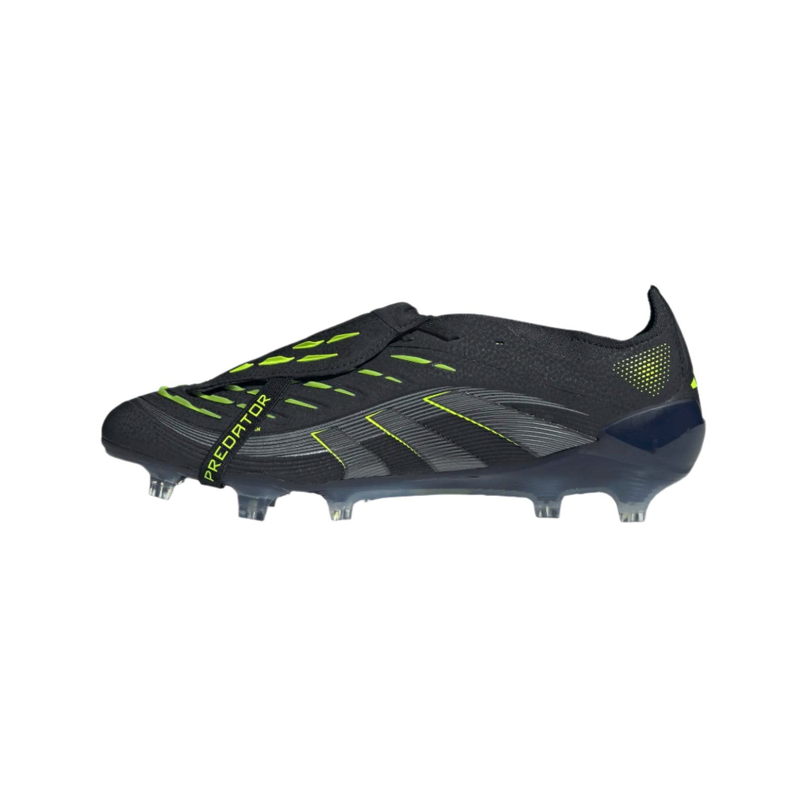 Black and green soccer cleat on a white background