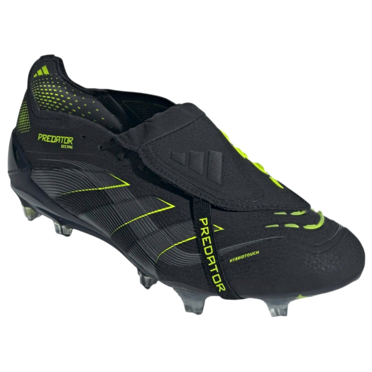 Black and green soccer cleat with 'Predator' branding on a white background