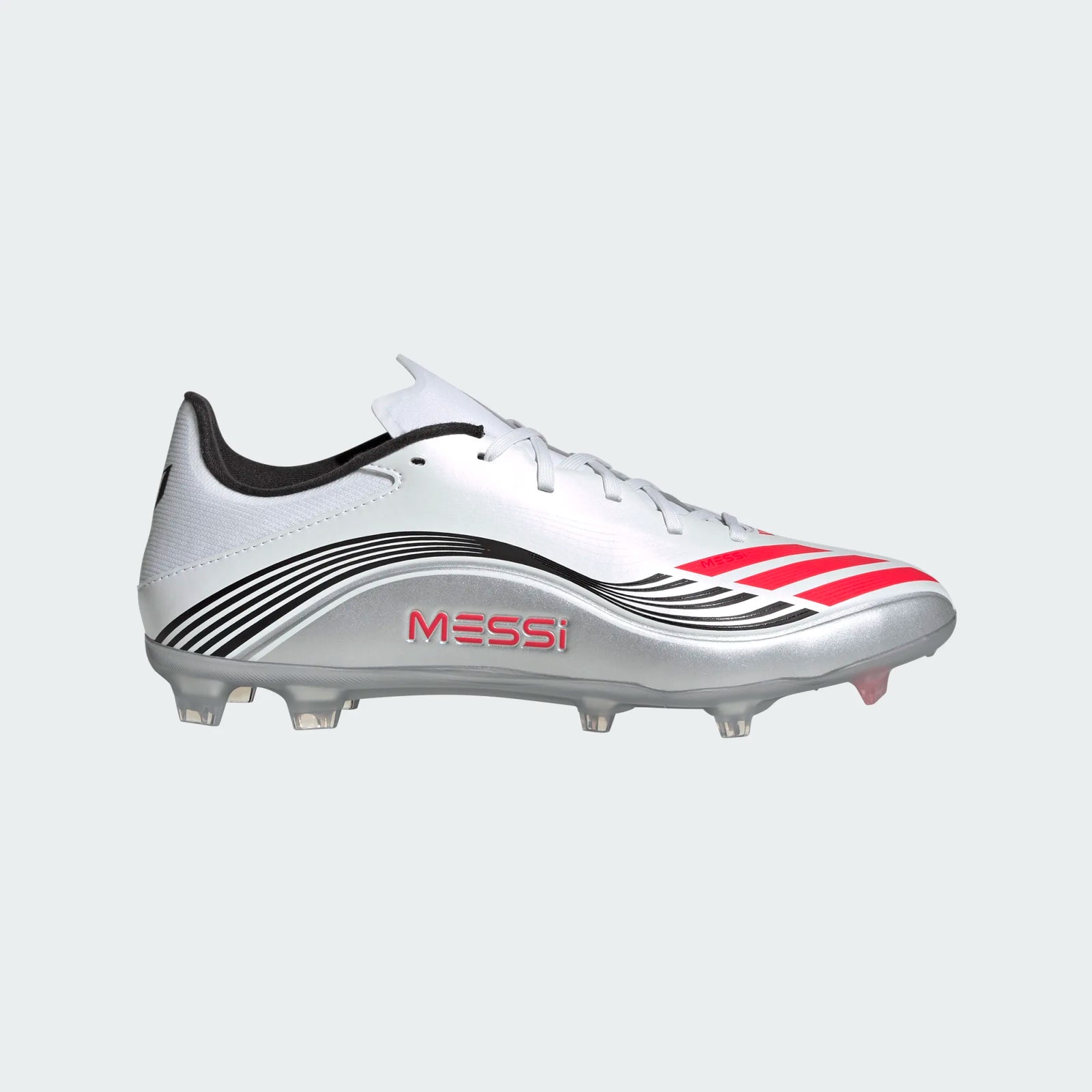 adidas F50 Messi League FG/MG Soccer Cleats (White/Lucid Red/Silver Metallic)