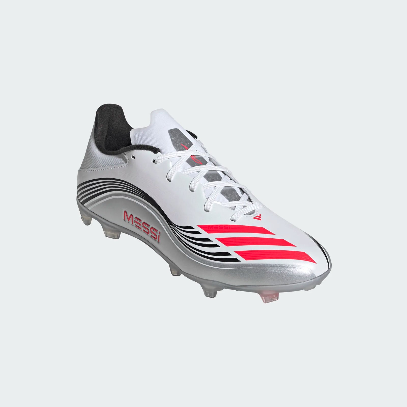 adidas F50 Messi League FG/MG Soccer Cleats (White/Lucid Red/Silver Metallic)