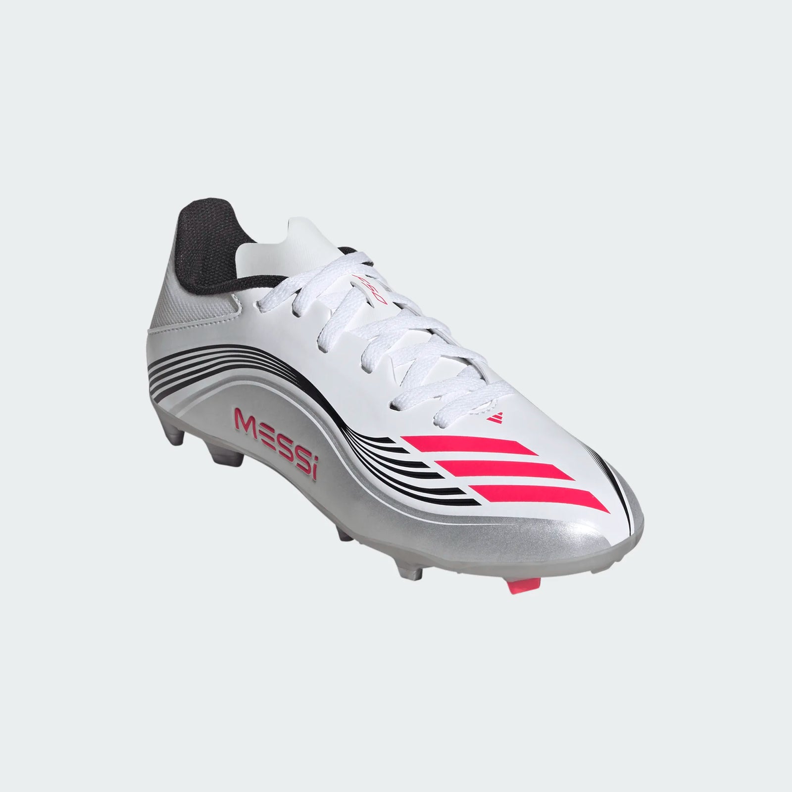 adidas Youth F50 Messi League FG/MG Junior Soccer Cleats (White/Lucid Red/Silver Metallic)
