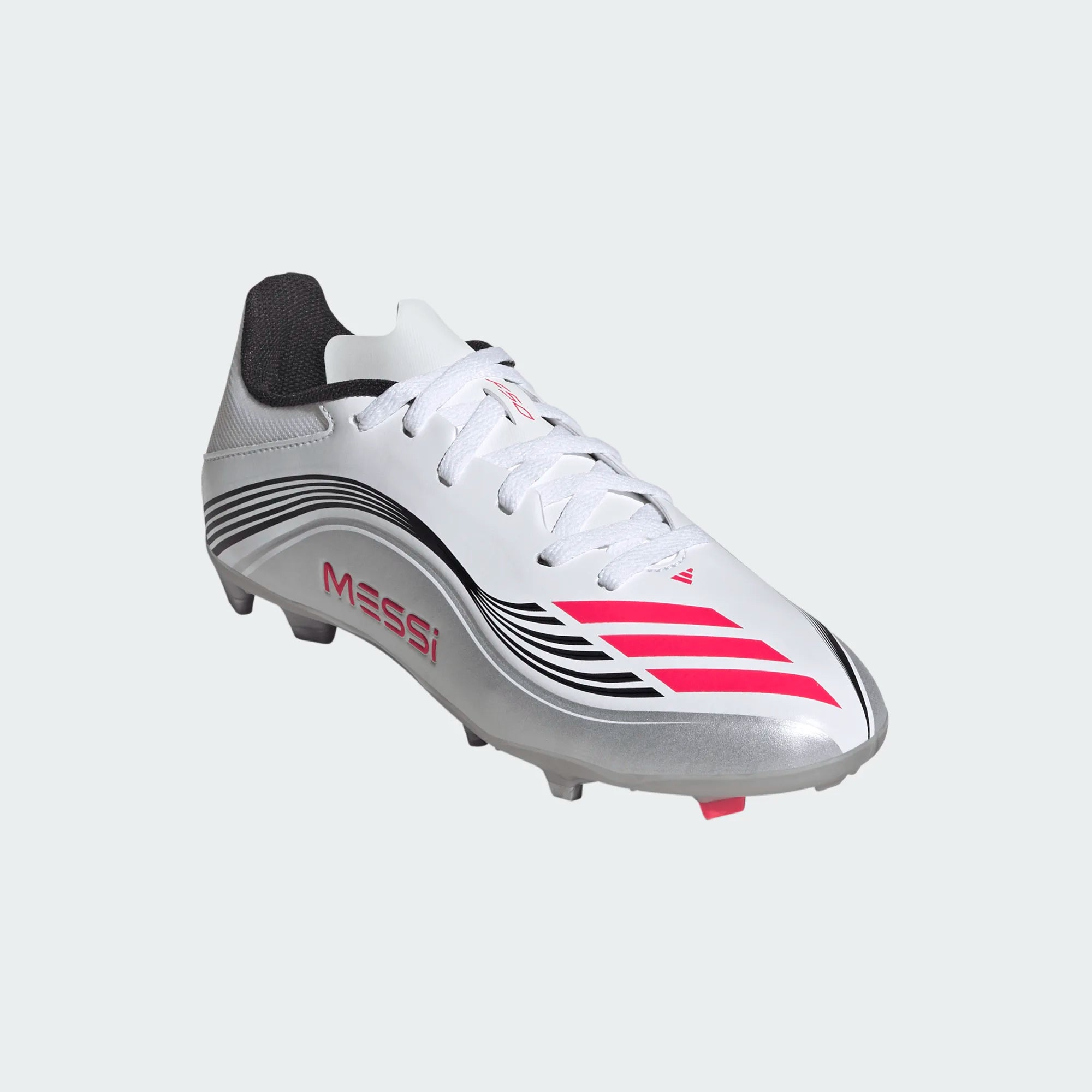 adidas Youth F50 Messi League FG/MG Junior Soccer Cleats (White/Lucid Red/Silver Metallic)