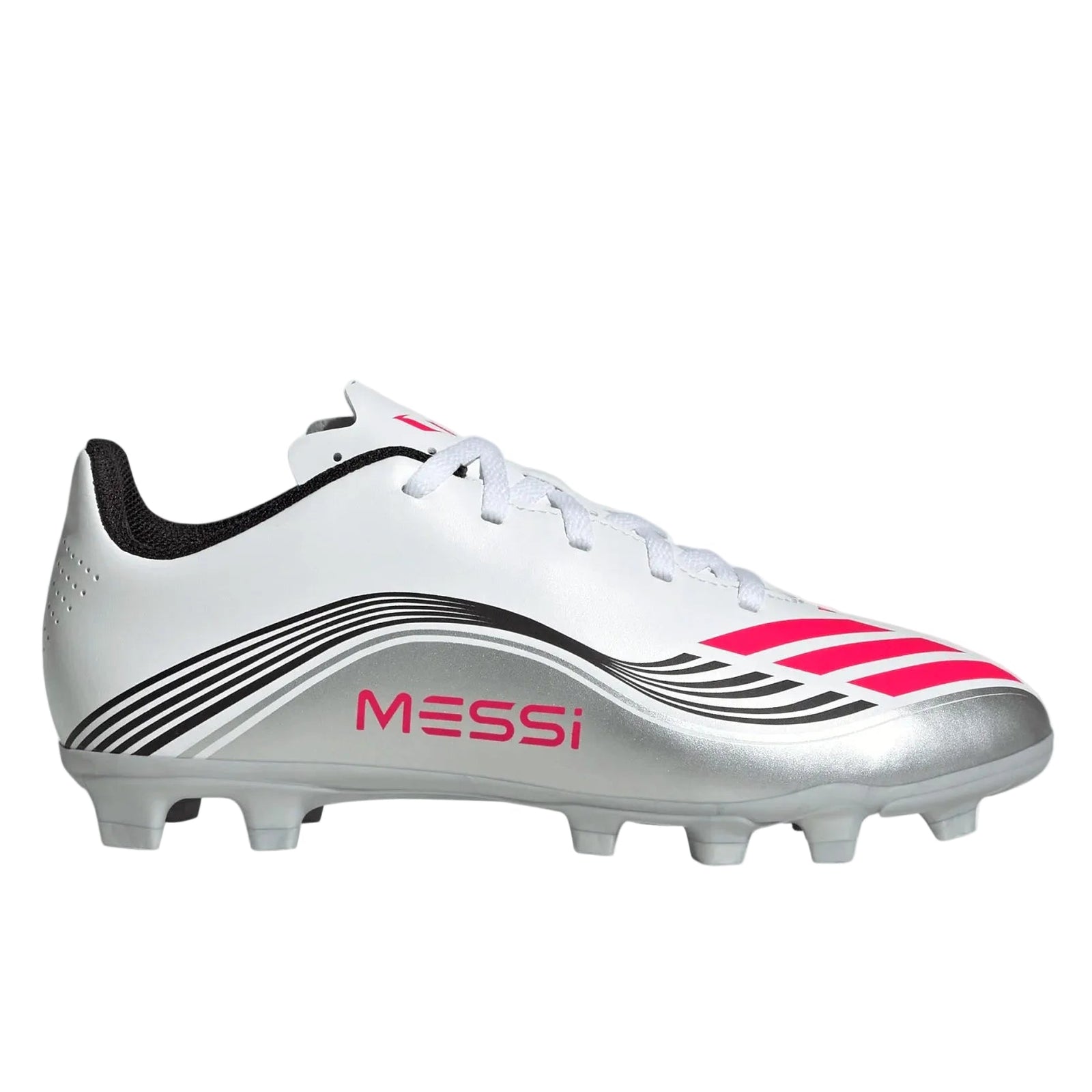 adidas Youth F50 Messi Club FG/MG Junior Soccer Cleats (White/Lucid Red/Silver Metallic)