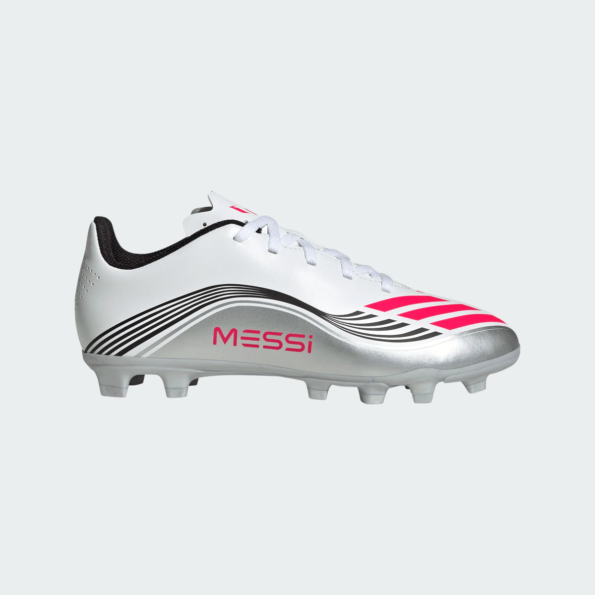 adidas Youth F50 Messi Club FG/MG Junior Soccer Cleats (White/Lucid Red/Silver Metallic)