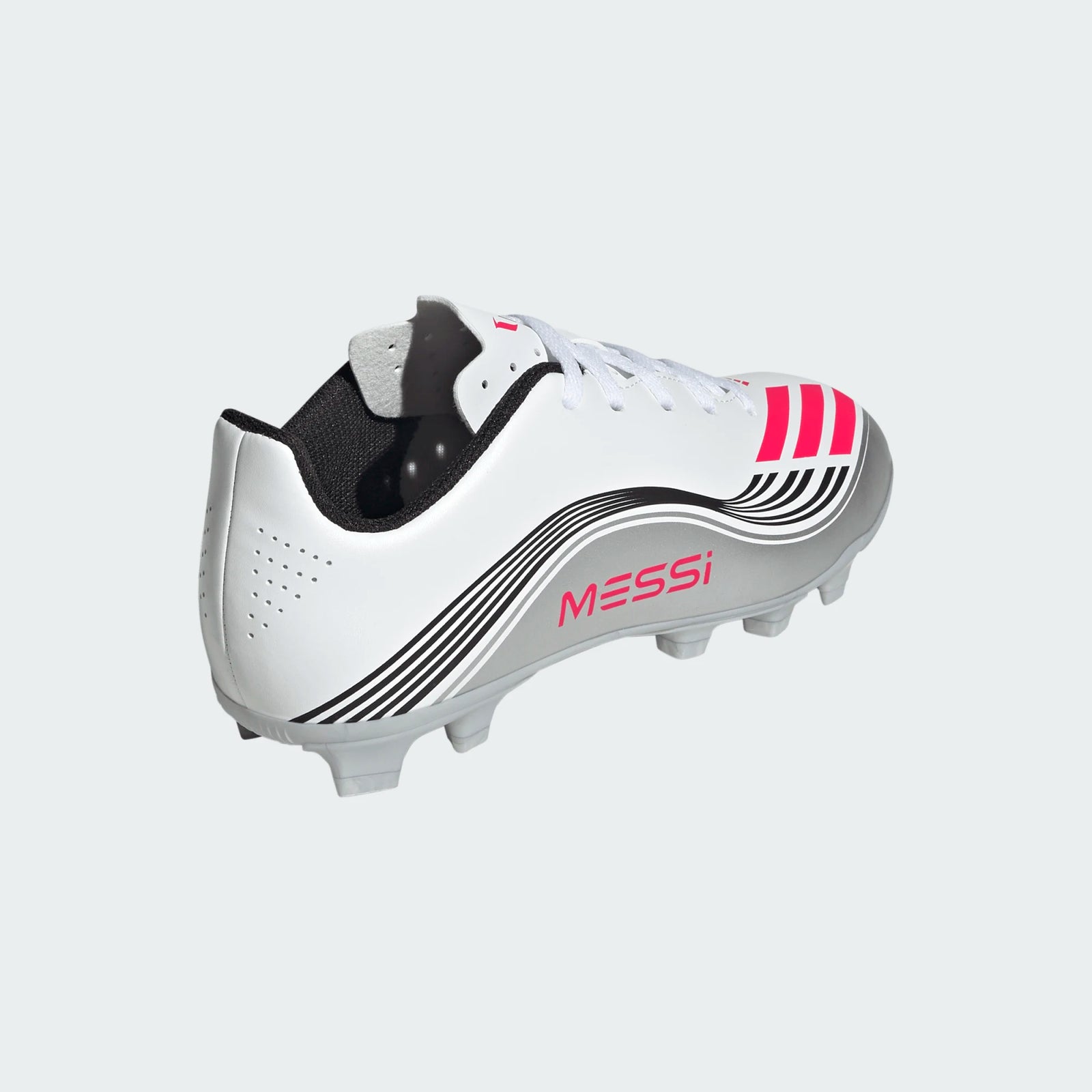 adidas Youth F50 Messi Club FG/MG Junior Soccer Cleats (White/Lucid Red/Silver Metallic)