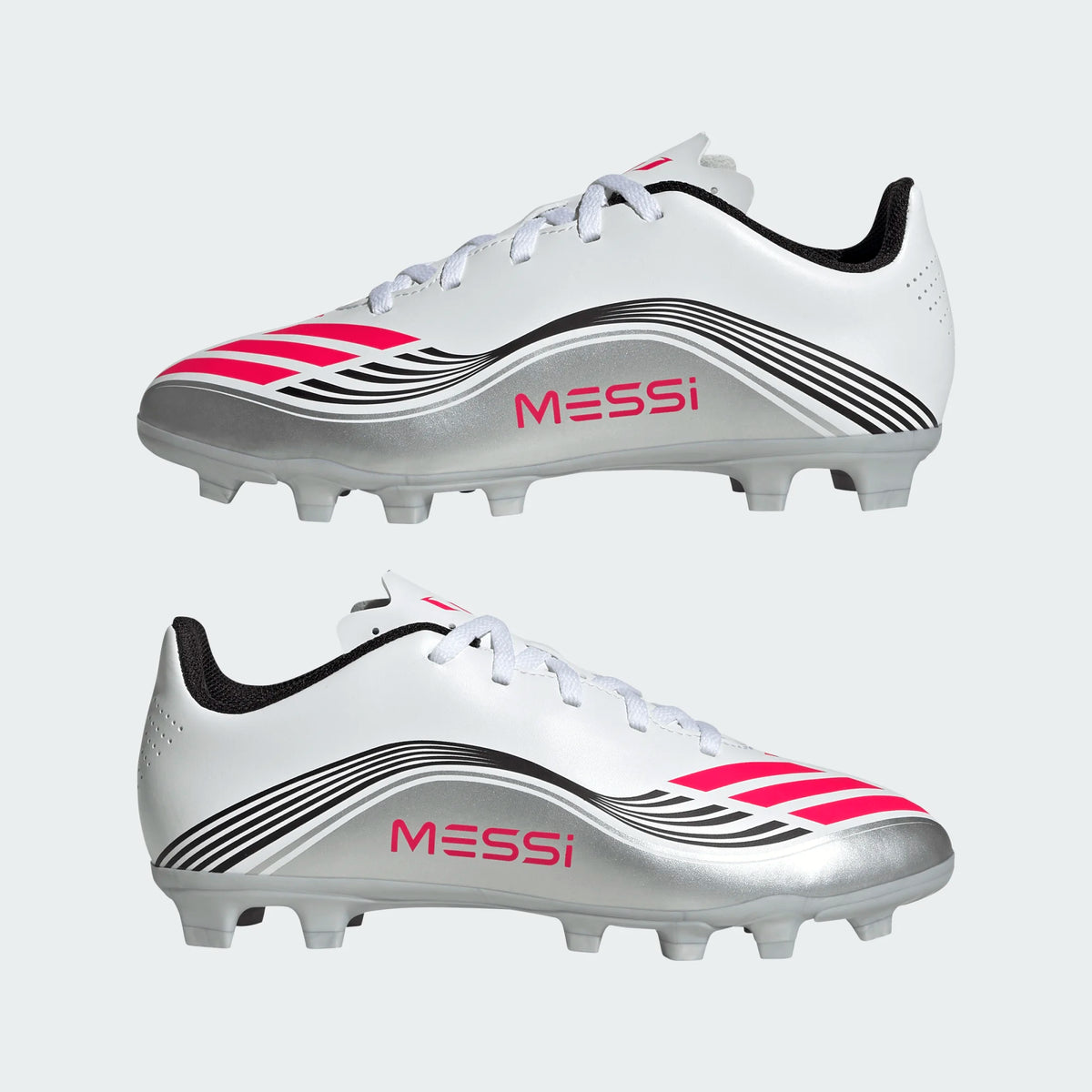 adidas Youth F50 Messi Club FG/MG Junior Soccer Cleats (White/Lucid Red/Silver Metallic)