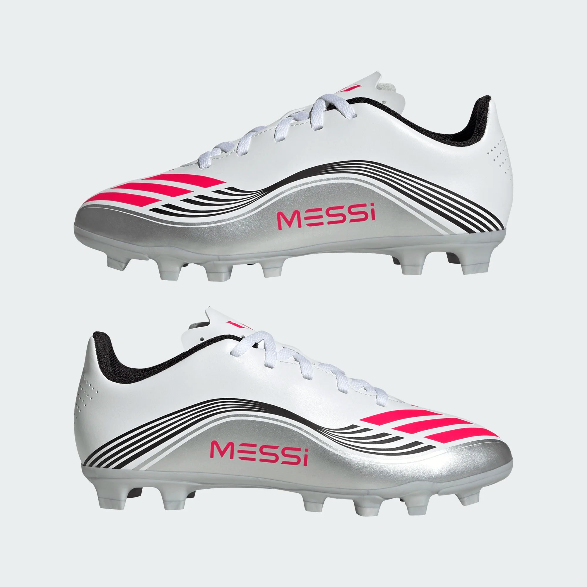 adidas Youth F50 Messi Club FG/MG Junior Soccer Cleats (White/Lucid Red/Silver Metallic)