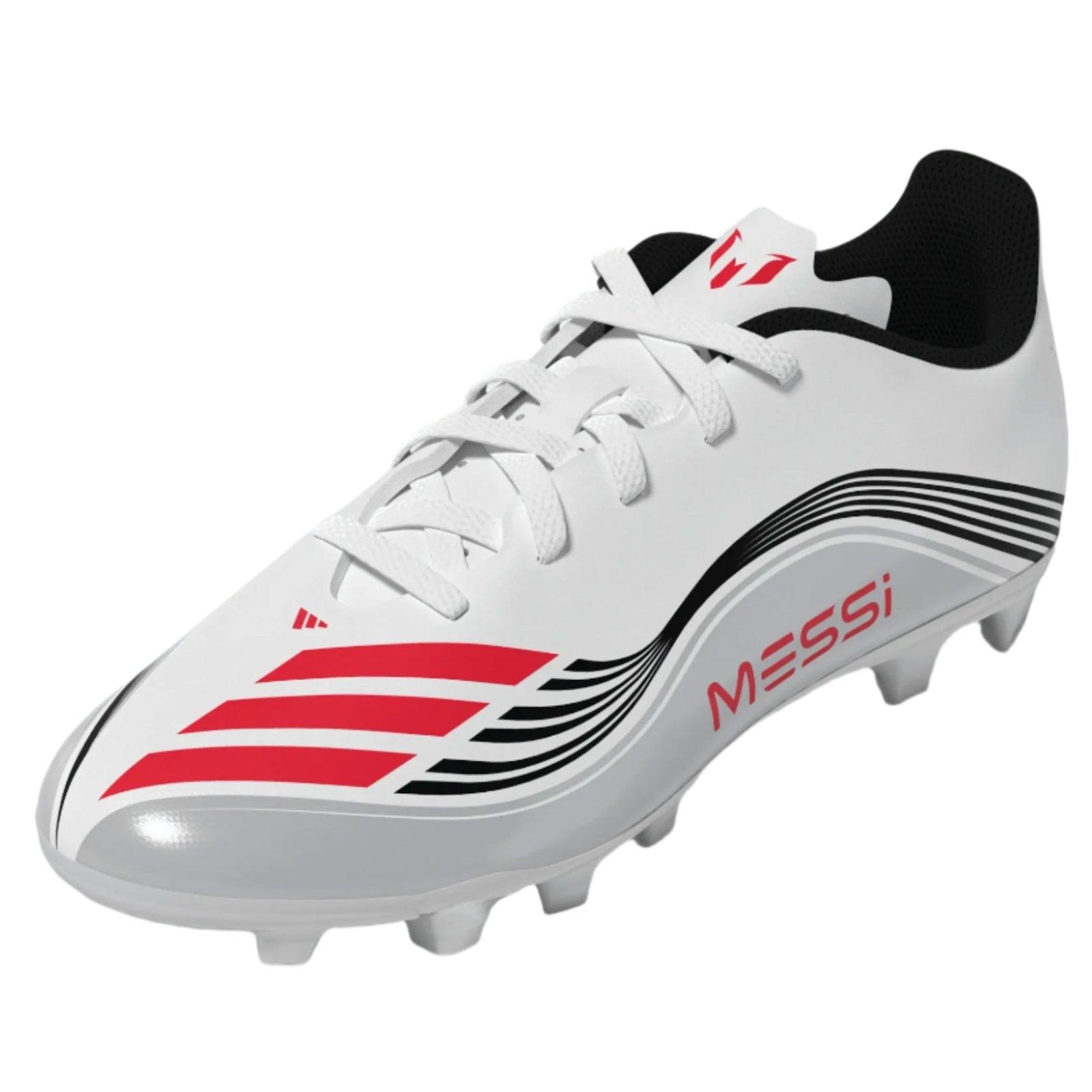 adidas Youth F50 Messi Club FG/MG Junior Soccer Cleats (White/Lucid Red/Silver Metallic)