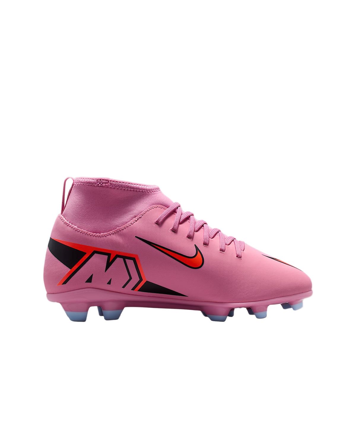 Pink soccer cleat with black and red design on a white background