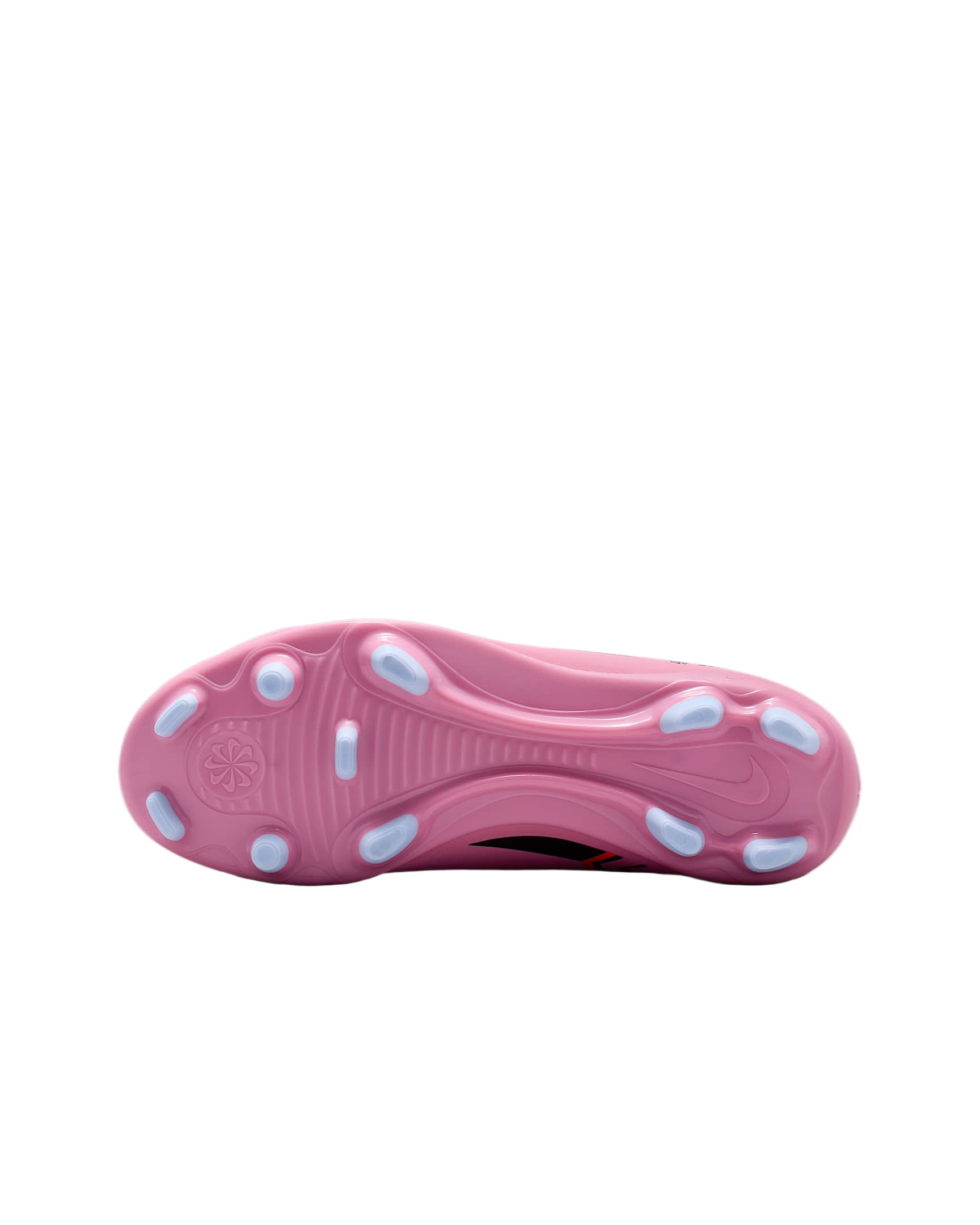 Pink soccer cleat sole with white studs on a light gray background