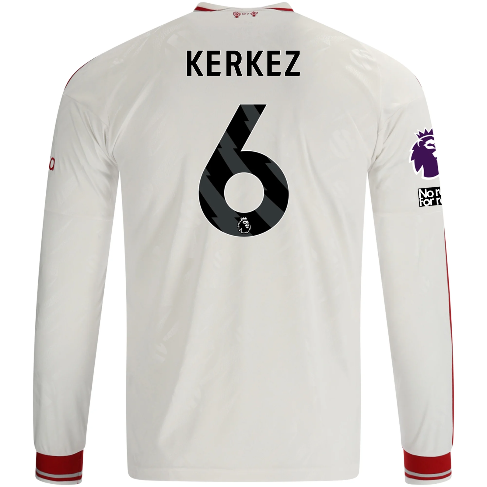 adidas Mens Liverpool Milos Kerkez Long Sleeve Away Jersey w/ EPL + No Room For Racism Patches 26/27 (White/Red)
