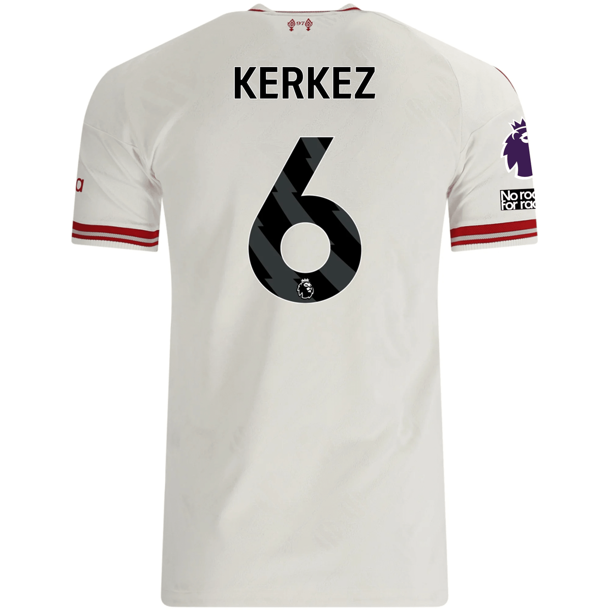 adidas Mens Liverpool Milos Kerkez Authentic Away Jersey w/ EPL + No Room For Racsim Patches 26/27 (White)