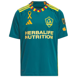 adidas Youth La Galaxy Away Jersey 23/24 w/ MLS + Apple + Childhood Cancer Awareness Patch (Green/Yellow)