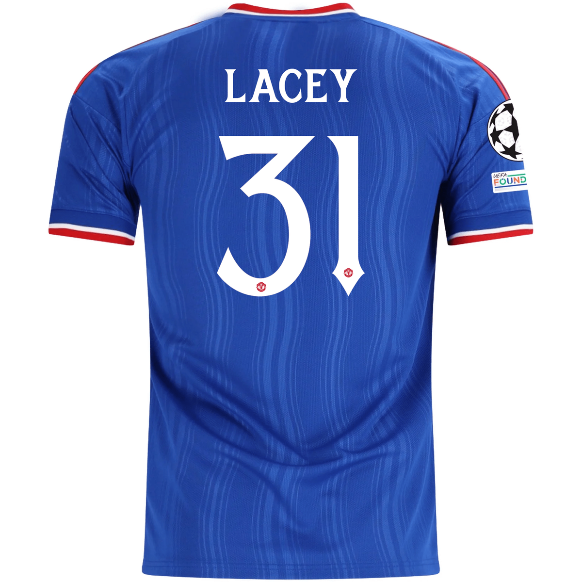 adidas Mens Manchester United Shea Lacey Away Jersey w/ Champions League Patches 26/27 (Blue)
