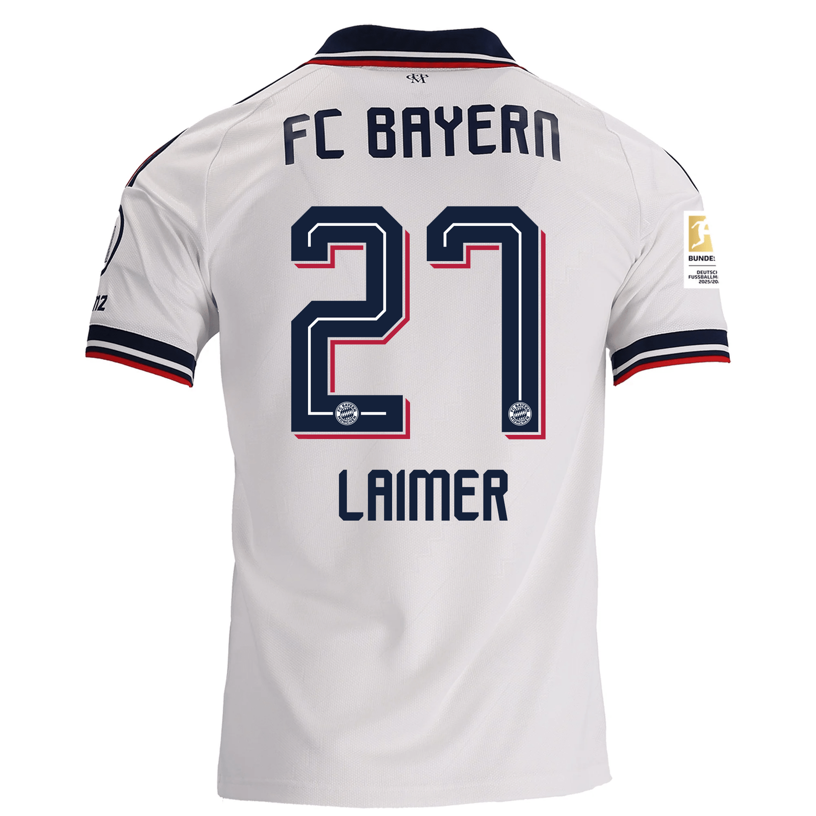 adidas Mens Bayern Munich Konrad Laimer Away Jersey w/ Bundesliga Champion Patch 26/27 (White)