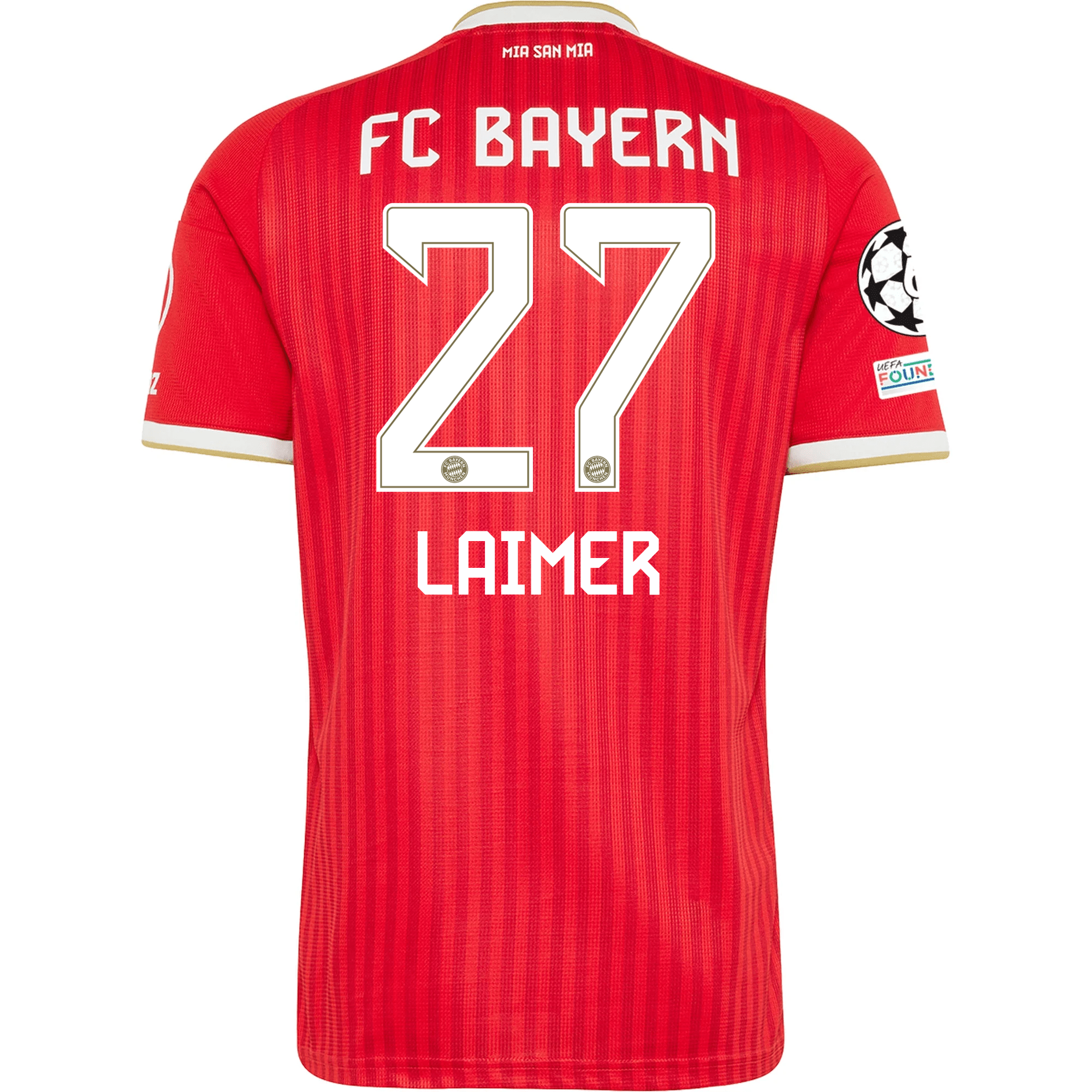 adidas Mens Bayern Munich Konrad Laimer Home Jersey w/ Champions League Patches 26/27 (Red)