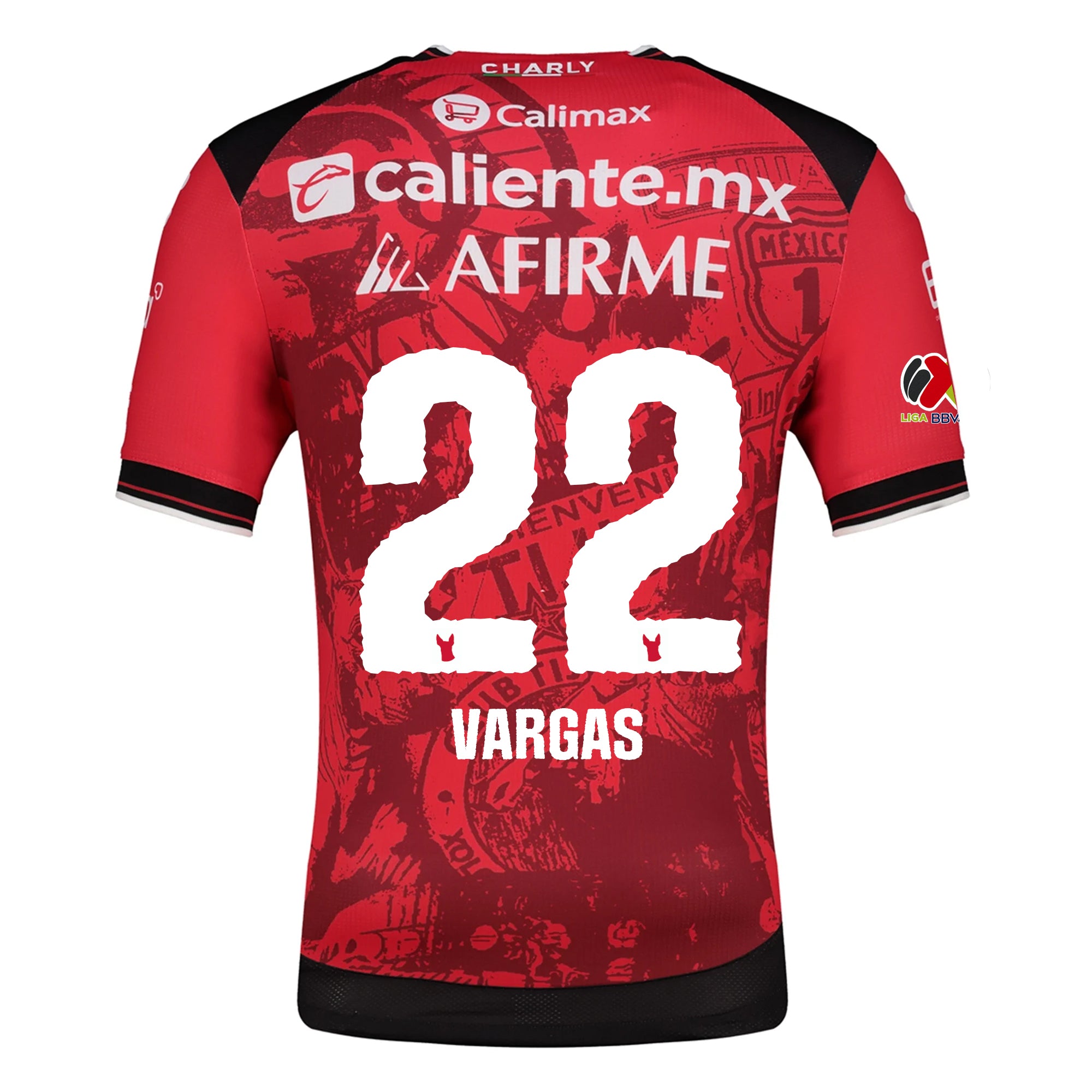 Charly Leonardo Vargas Men's Club Tijuana Xolos Home Jersey 25/26 w/ BBVA MX Patch (Red/Black)