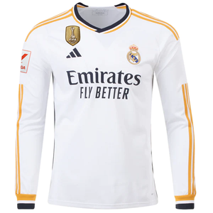 adidas Real Madrid Long Sleeve Home Jersey w/ La Liga + Club world Cup Champion Patch 23/24 (White)