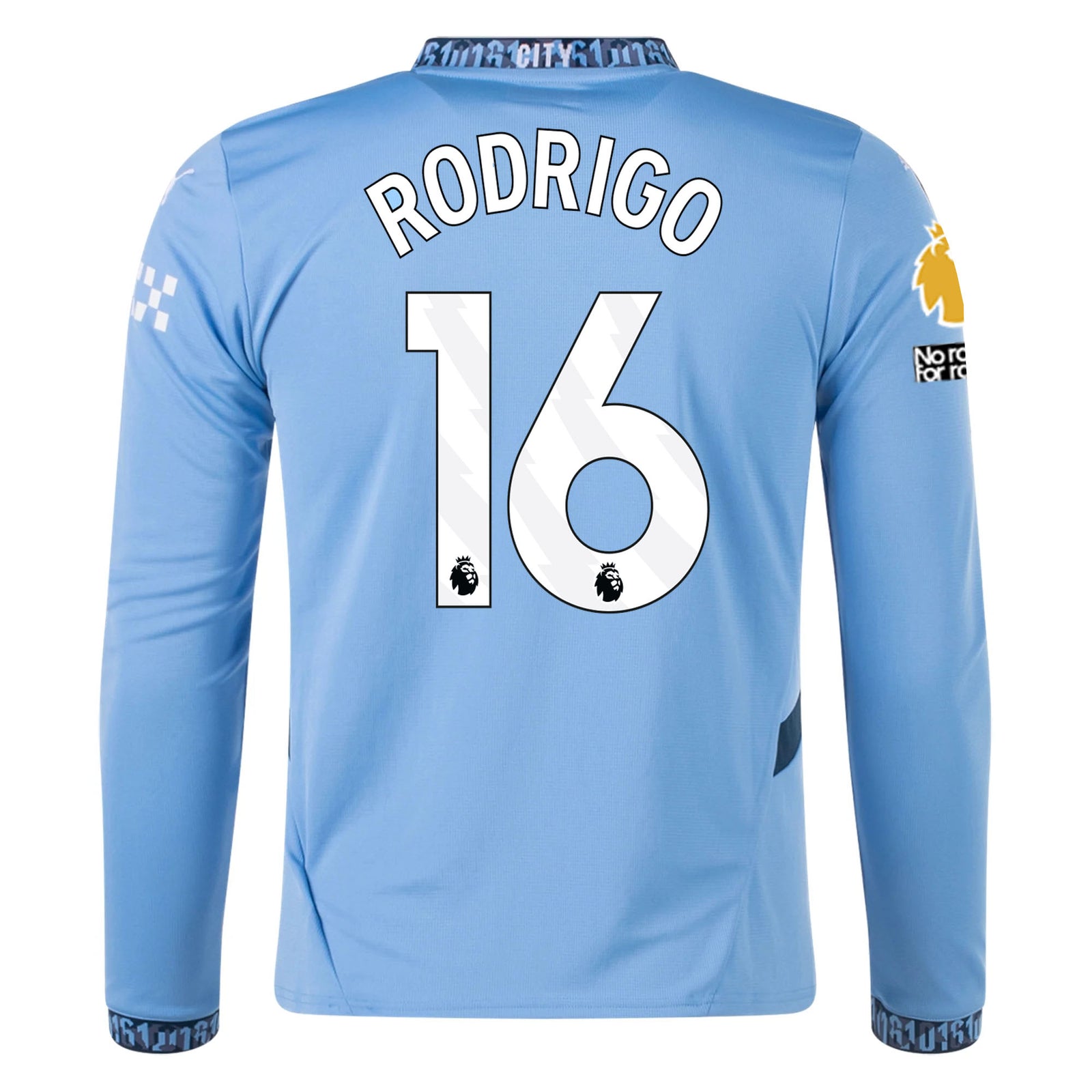 Puma Manchester City Rodrigo Home Long Sleeve Jersey w/ EPL + No Room For Racism Patch 24/25 (Team Light/Marine Blue)