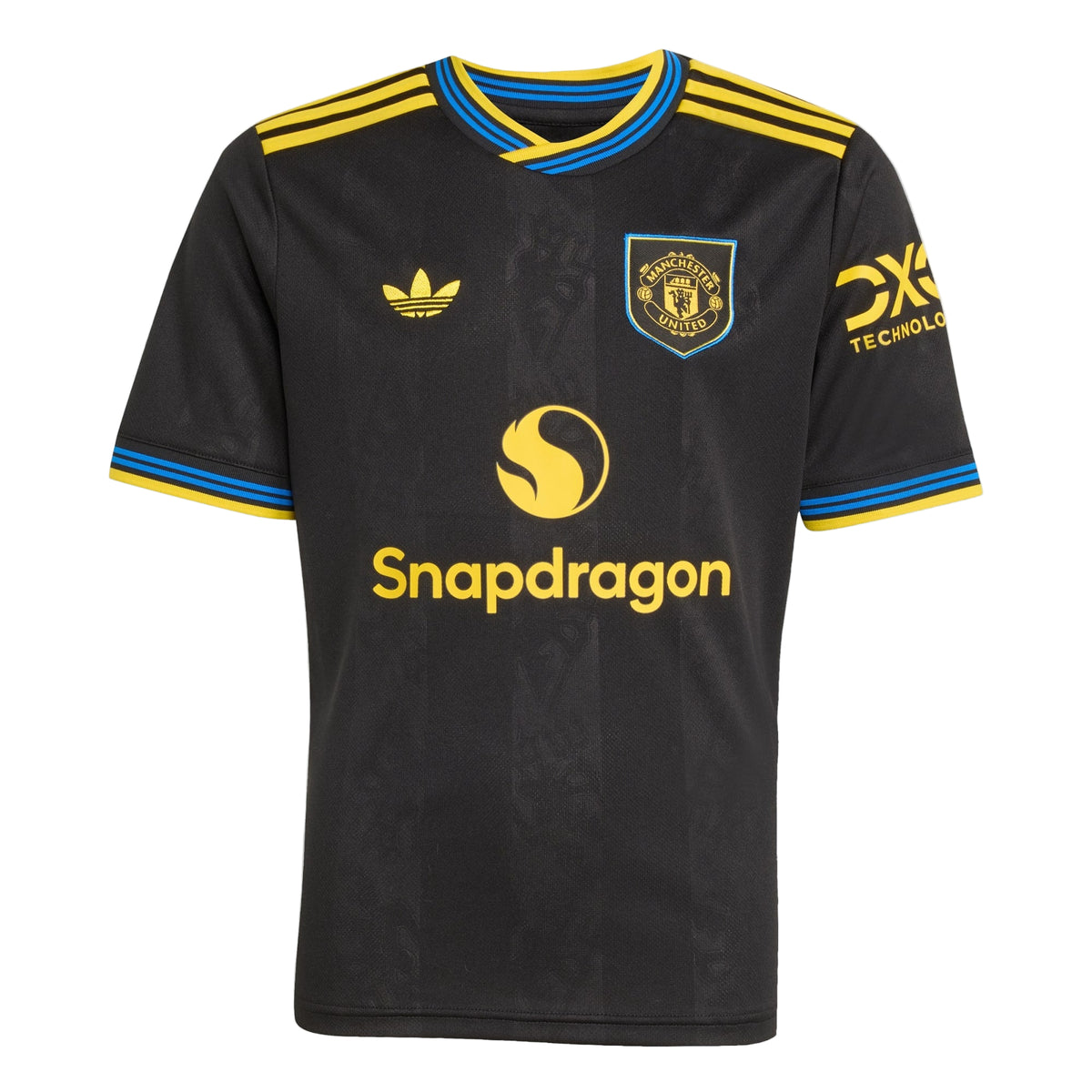 Black sports jersey with yellow and blue accents featuring logos on a light gray background