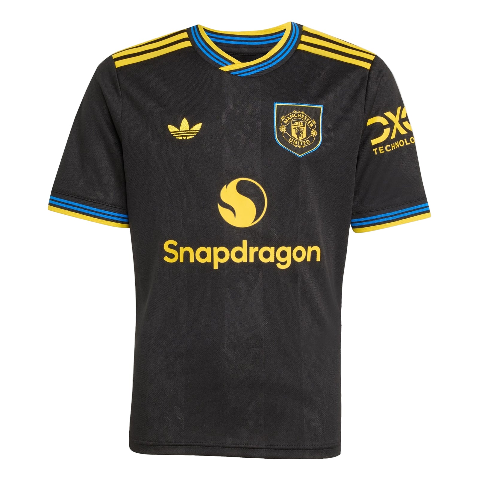 Black sports jersey with yellow and blue accents featuring logos on a light gray background