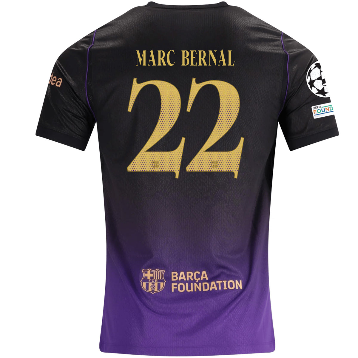 Nike Mens Barcelona Marc Bernal Away Jersey w/ Champions League Patches 26/27 (Purple/Metallic Gold)