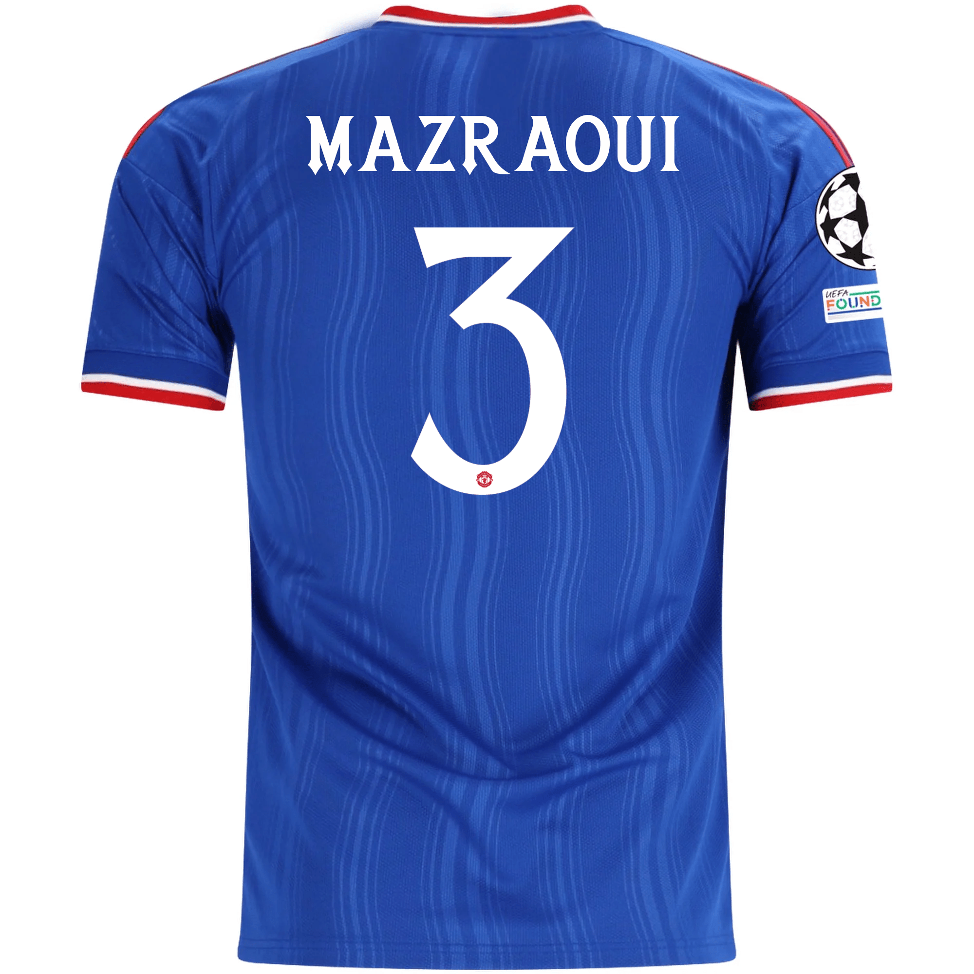 adidas Mens Manchester United Noussair Mazraoui Away Jersey w/ Champions League Patches 26/27 (Blue)