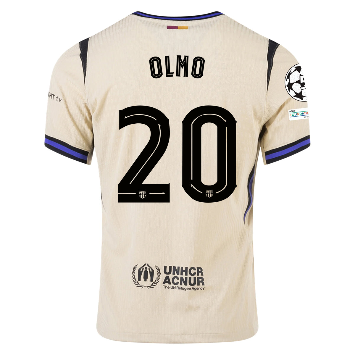 Nike Dani Olmo Men's FC Barcelona Authentic Away Jersey w/ Champions League Patches (Team Gold/Persian Violet/Black)