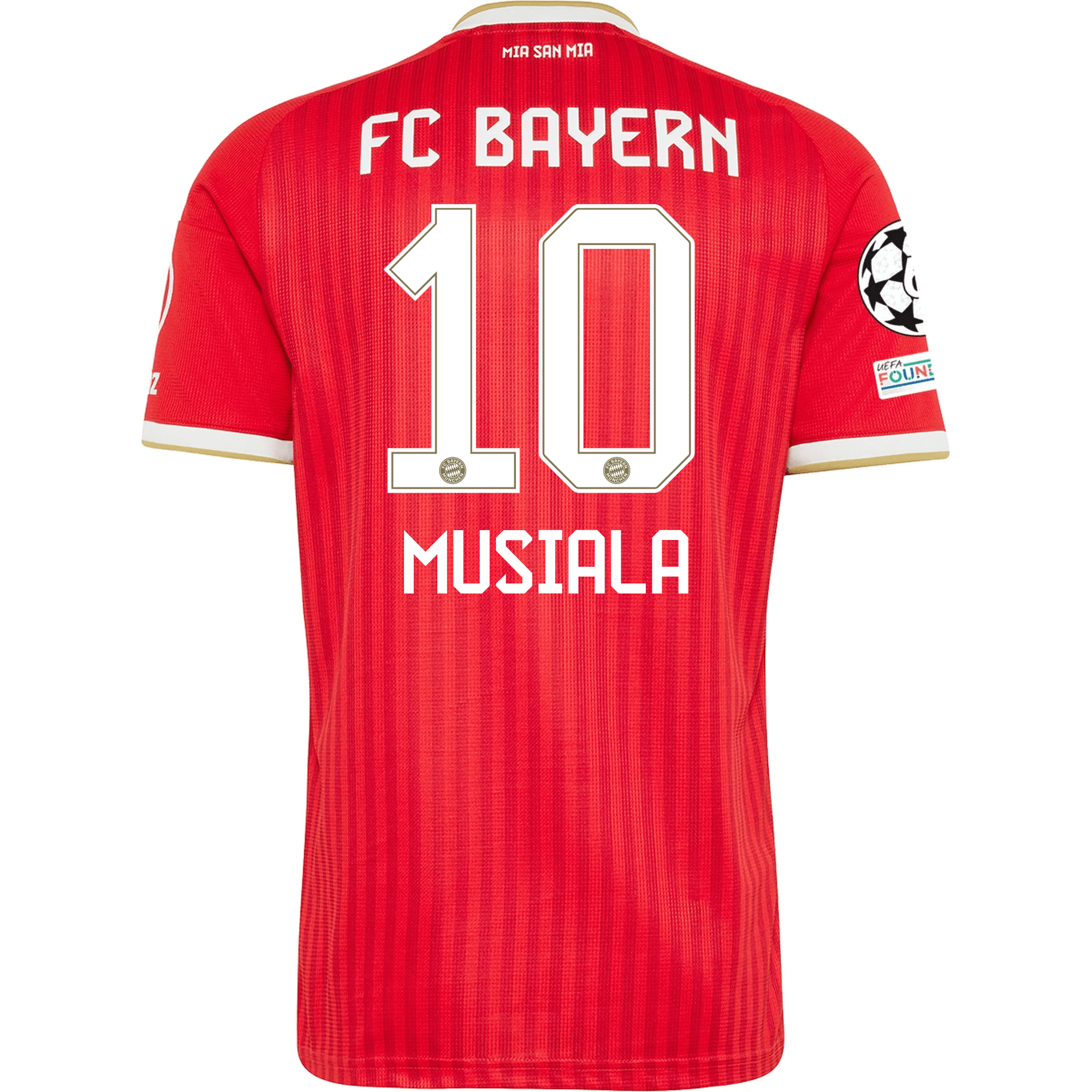 adidas Mens Bayern Munich Jamal Musiala Home Jersey w/ Champions League Patches 26/27 (Red)