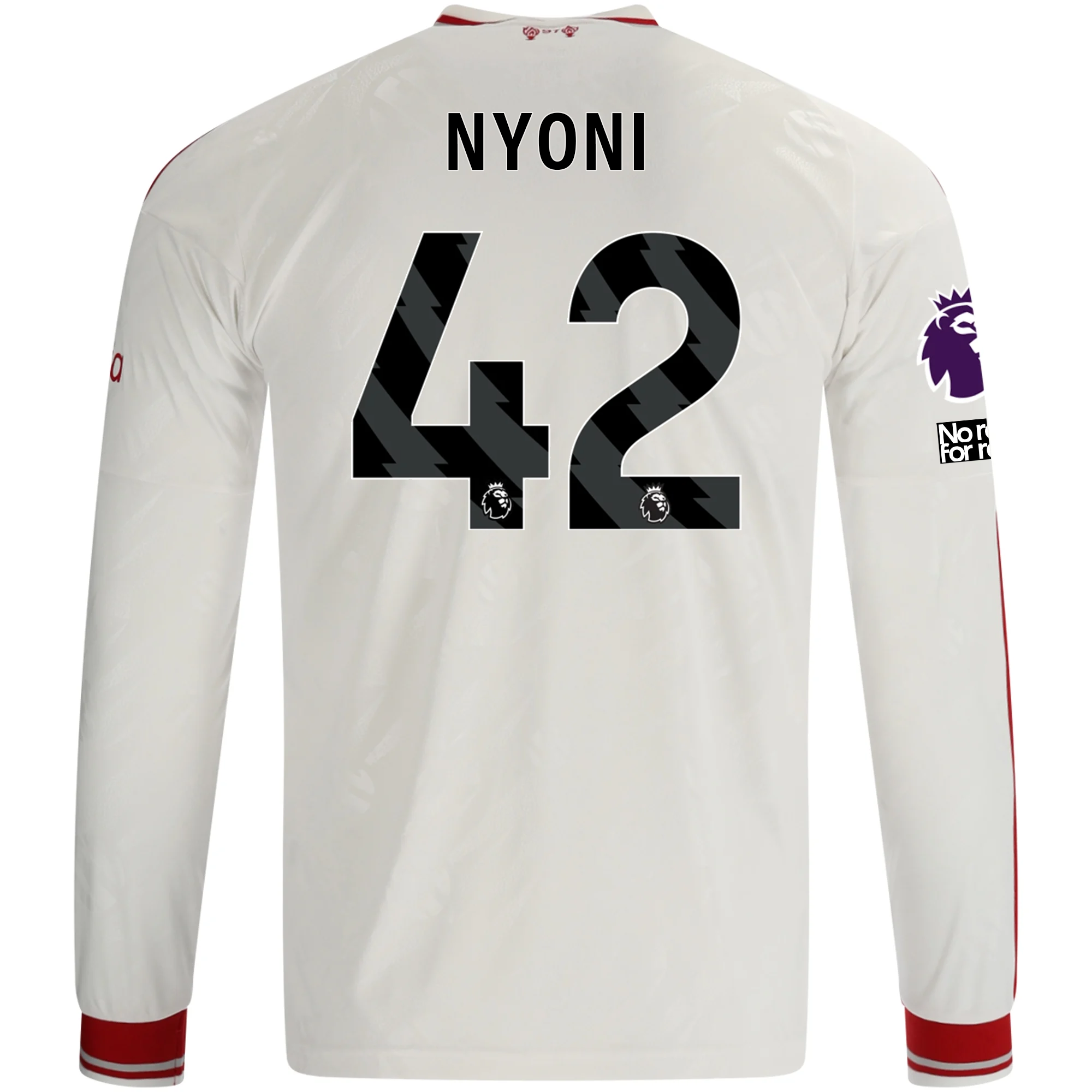 adidas Mens Liverpool Trey Nyoni Long Sleeve Away Jersey w/ EPL + No Room For Racism Patches 26/27 (White/Red)