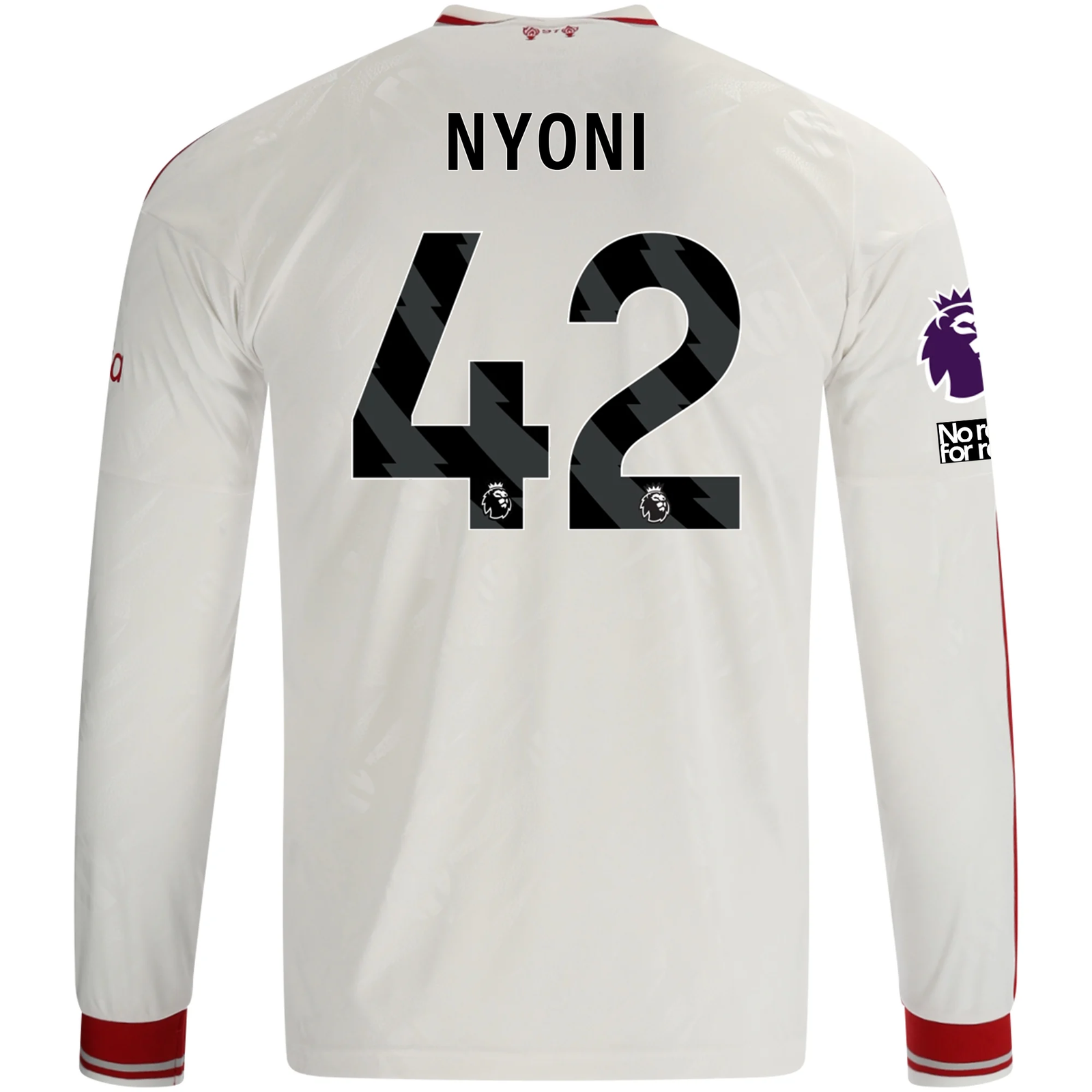adidas Mens Liverpool Trey Nyoni Long Sleeve Away Jersey w/ EPL + No Room For Racism Patches 26/27 (White/Red)