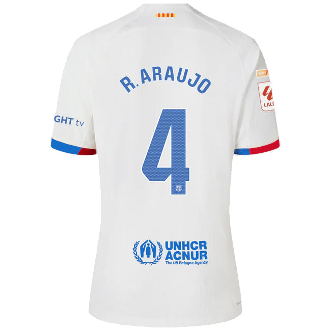 Nike Barcelona Araujo Authentic Match Away Jersey 23/24 w/ LaLiga Patches (White/Royal Blue)
