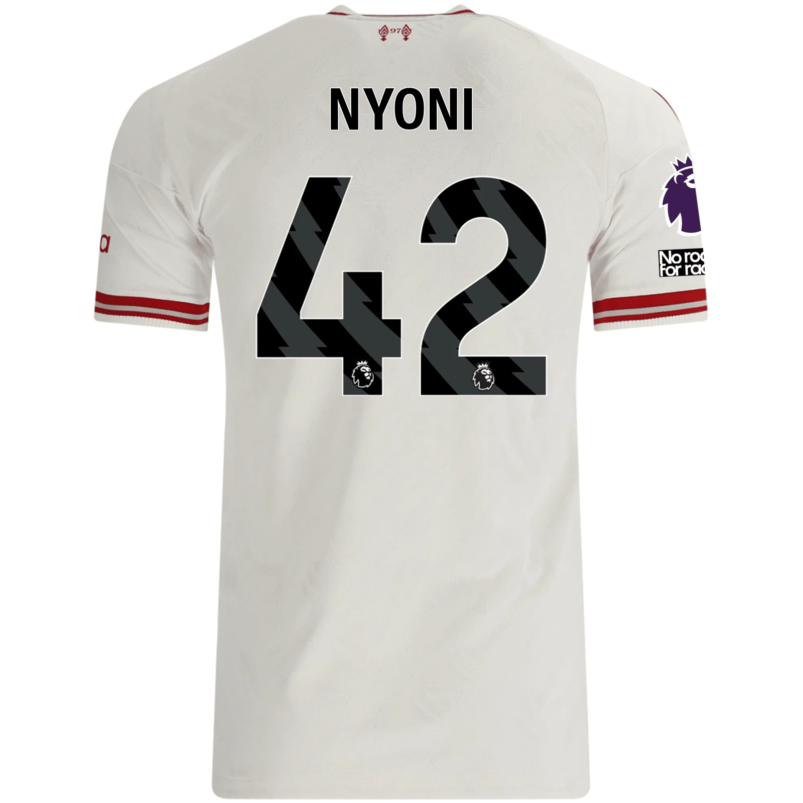 adidas Mens Liverpool Trey Nyoni Authentic Away Jersey w/ EPL + No Room For Racsim Patches 26/27 (White)