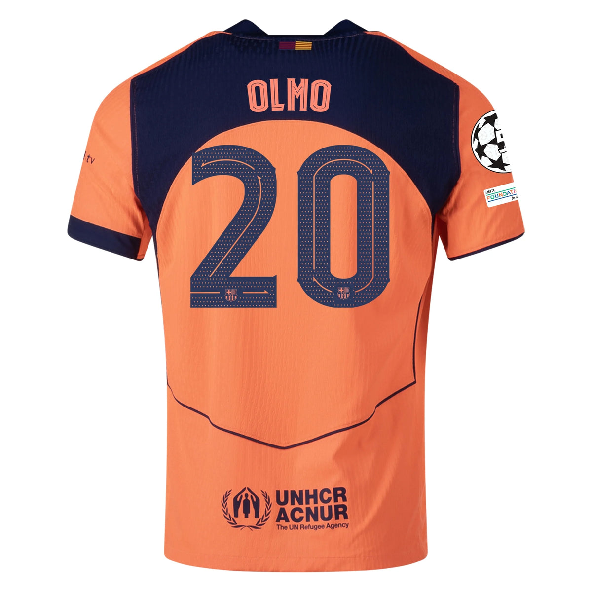 Nike Olmo FC Barcelona Third T90 Authentic Jersey 25/26 w/ Champions League Patches (Mango/Navy)
