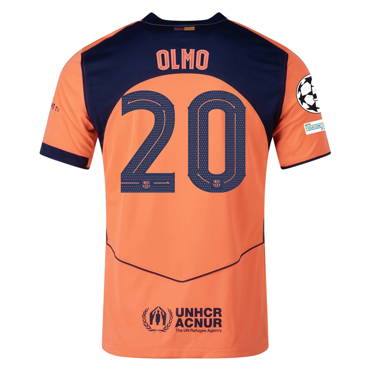 Nike Olmo Men's FC Barcelona T90 Third Jersey 25/26 w/ Champions League Patches (Mango/Navy)